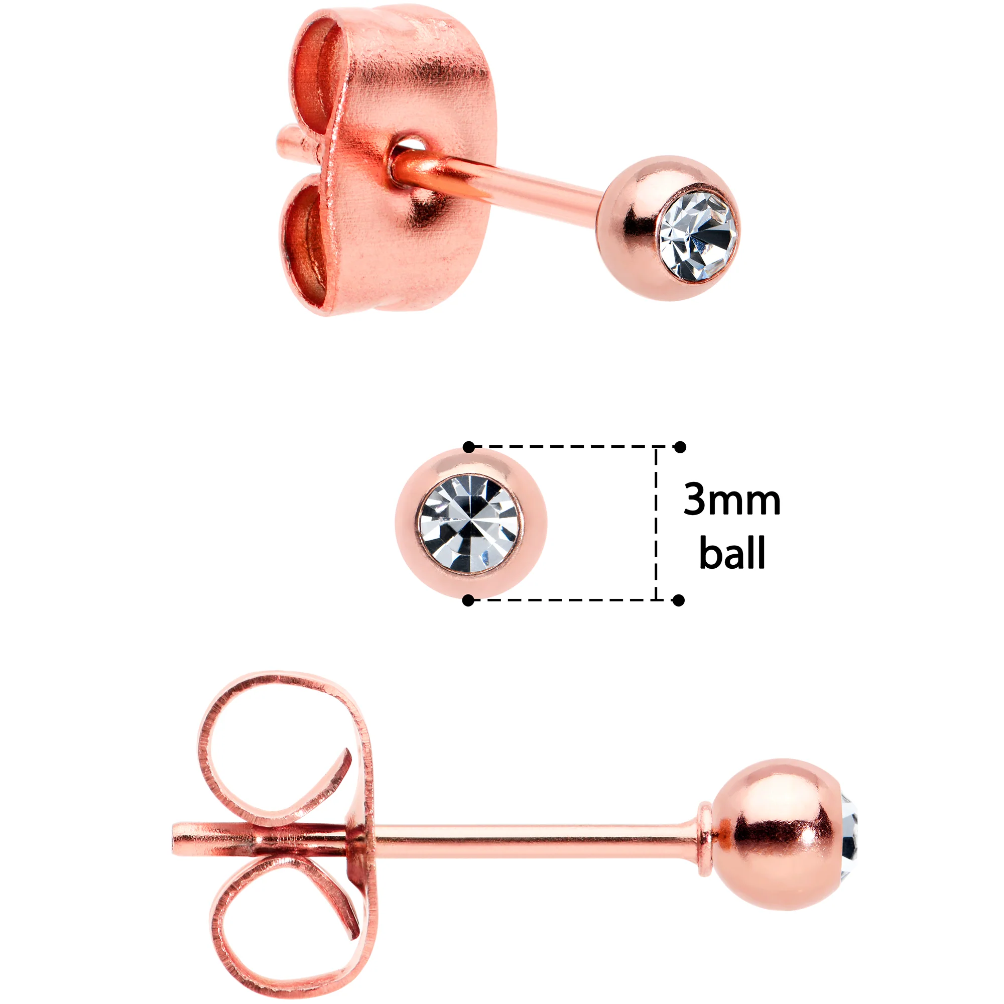 3mm 4mm 5mm Clear Gem Rosy Tone Ball 316L Steel Stud Earrings 3 Pack - Image 4