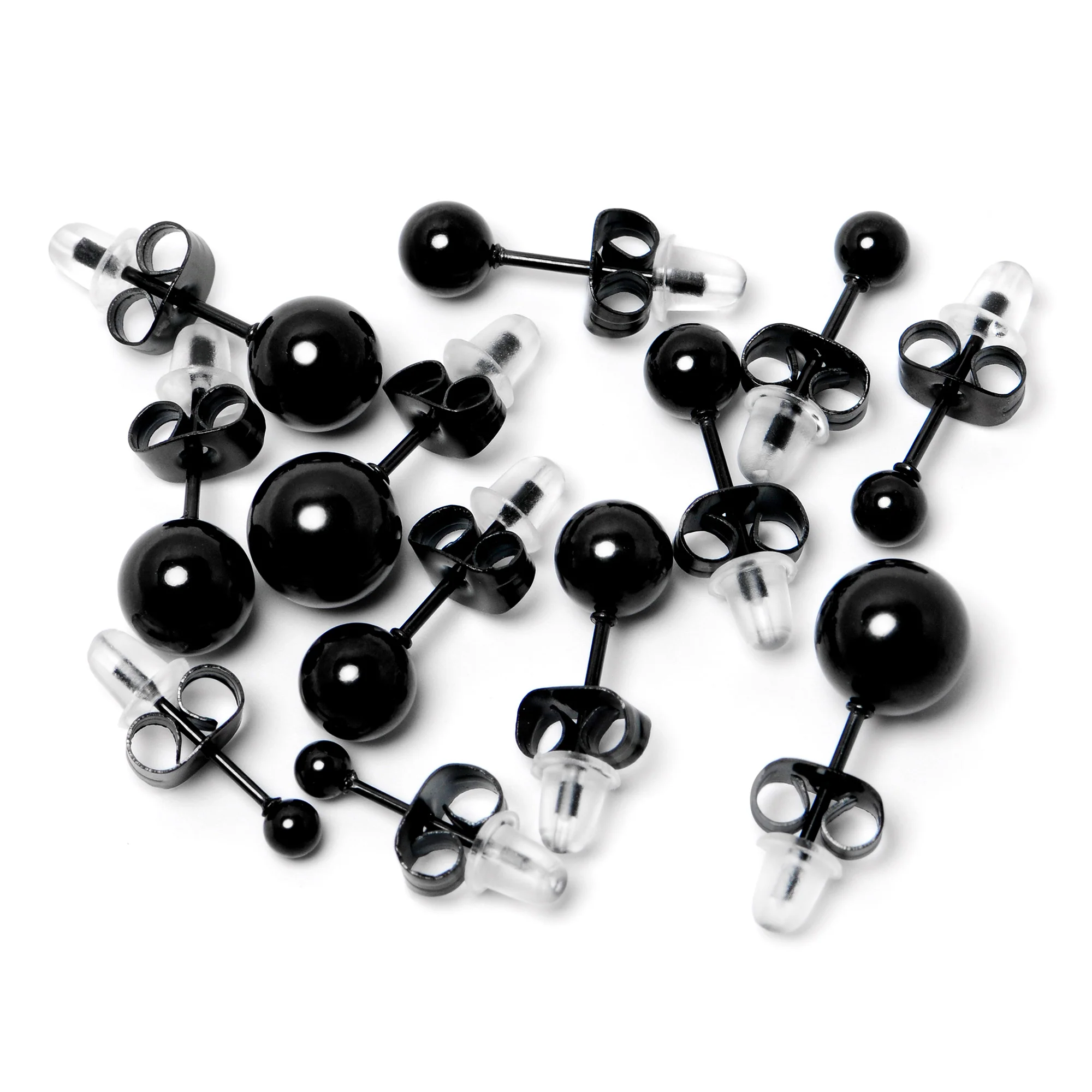 3mm-8mm Ball Stud Black 316L Stainless Steel Earrings 6 Pack - Image 2