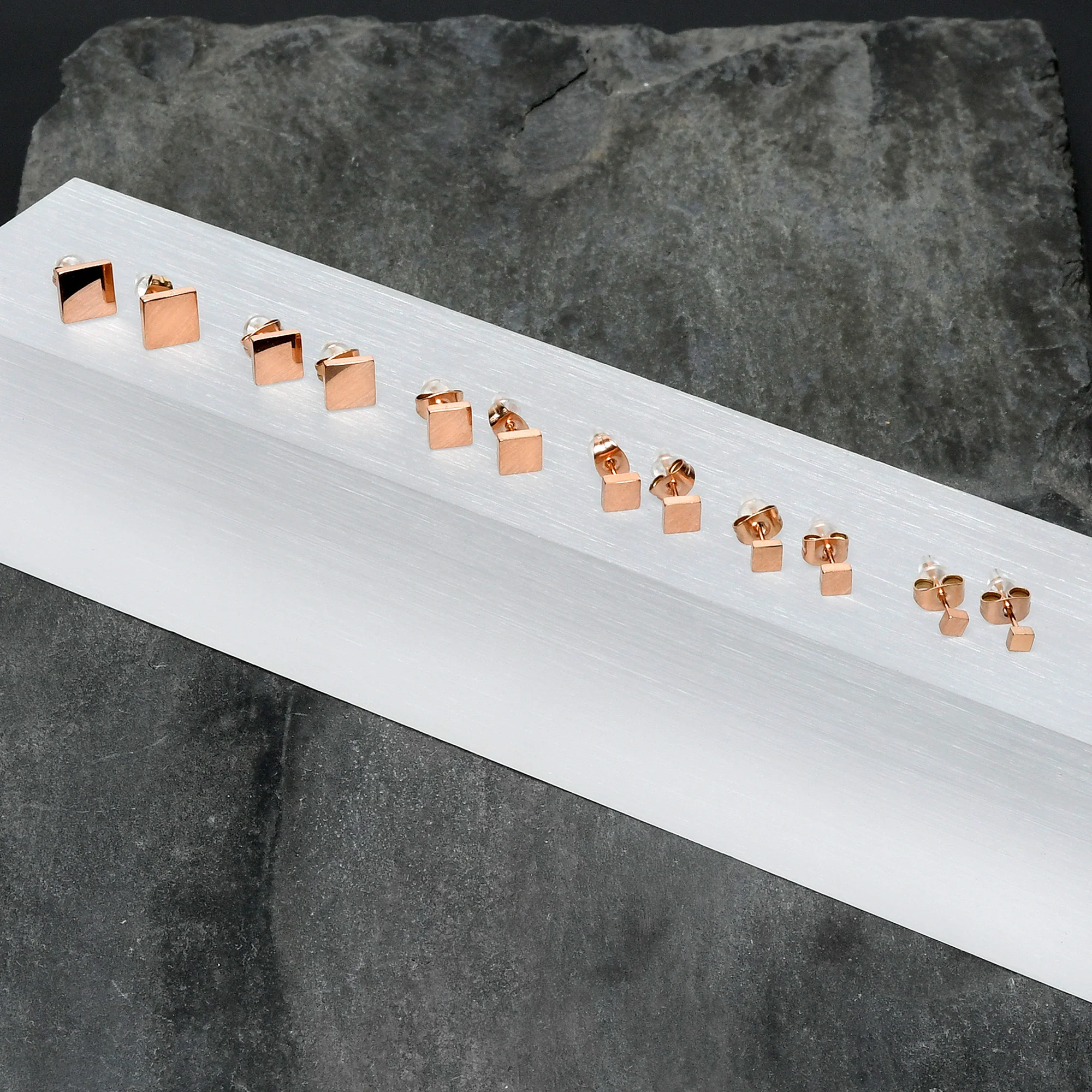 3mm-8mm Square Stud Rose Gold Tone 316L Stainless Steel Earrings 6 Pack - Image 3