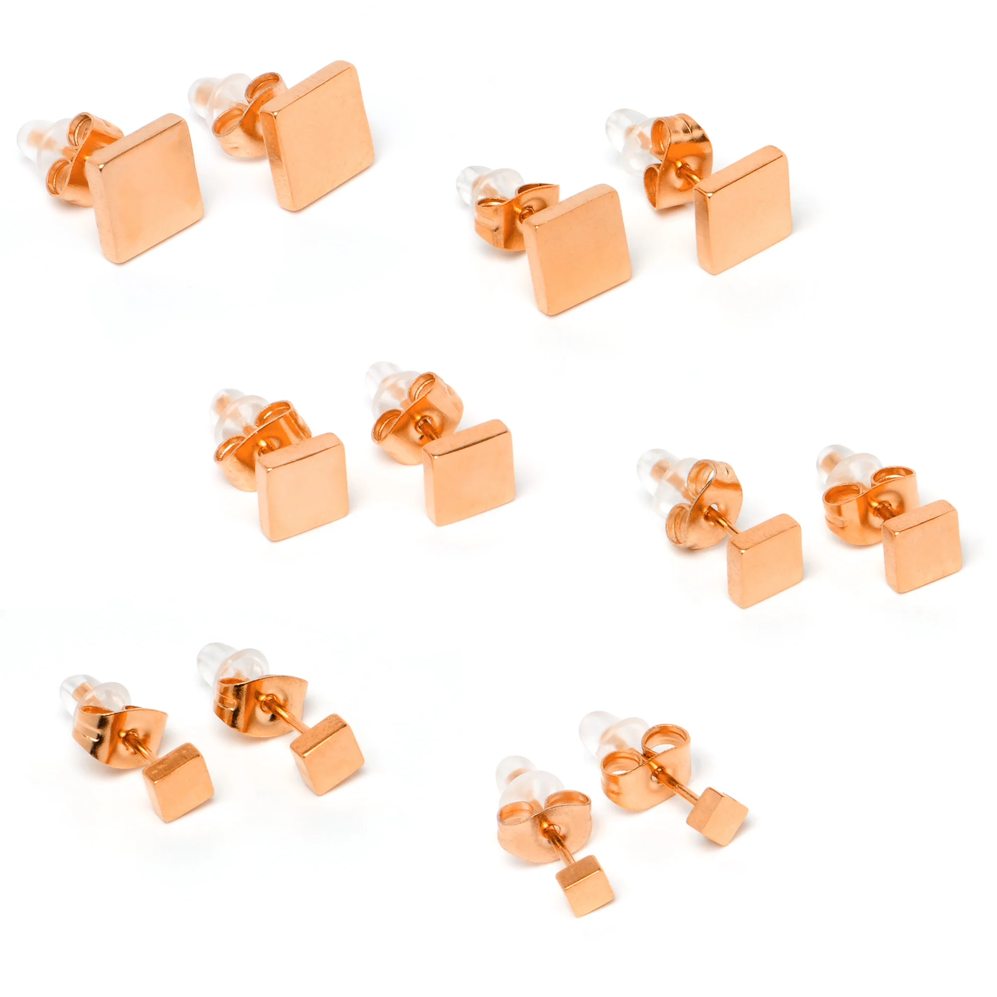 3mm-8mm Square Stud Rose Gold Tone 316L Stainless Steel Earrings 6 Pack - Image 5