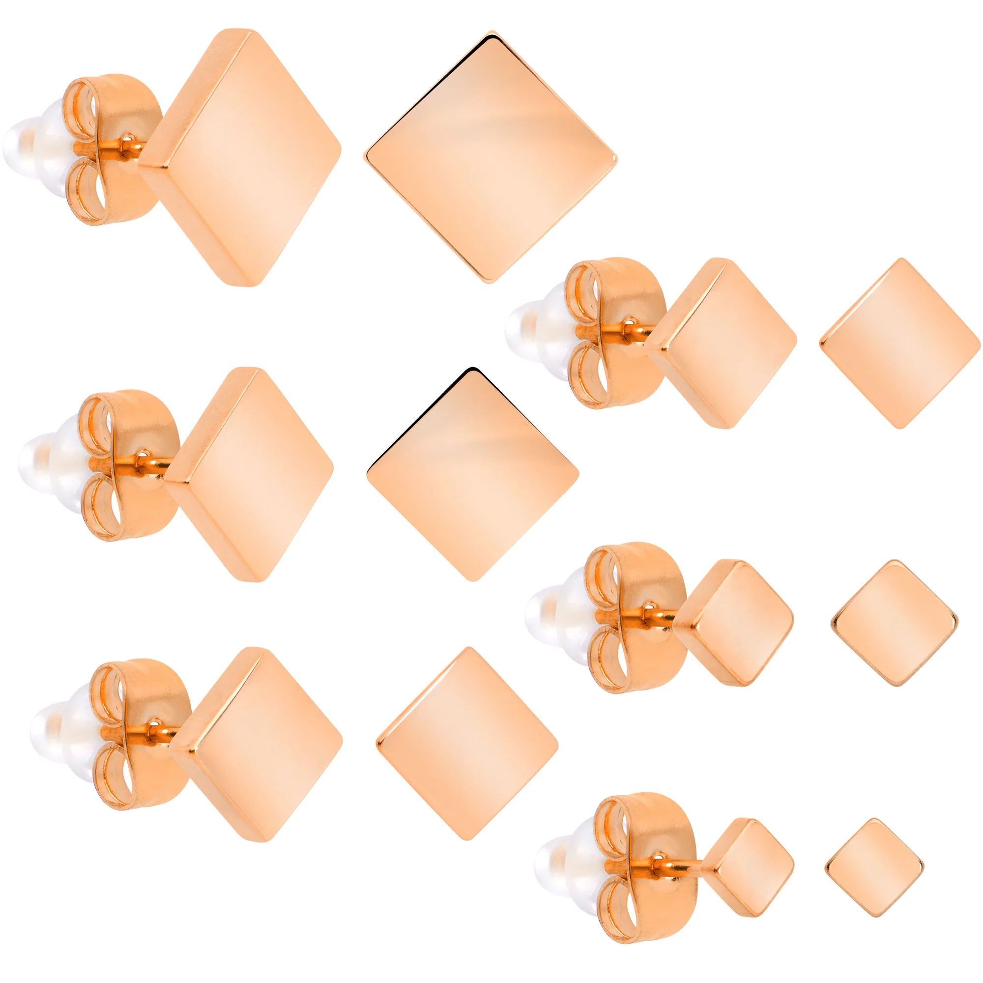 3mm-8mm Square Stud Rose Gold Tone 316L Stainless Steel Earrings 6 Pack - Image 7