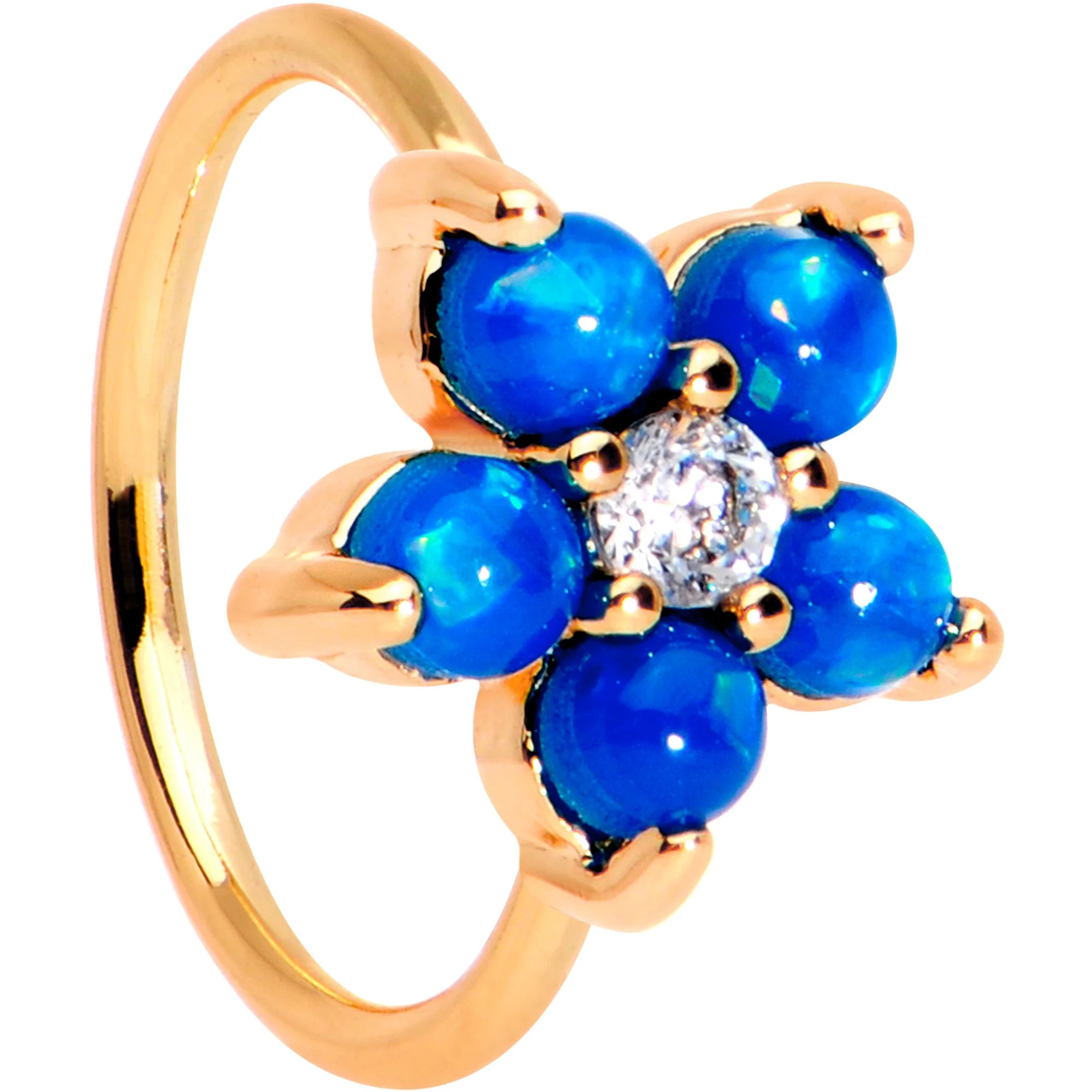 20G Clear CZ Blue Faux Opal Rose Gold Tone Flower Circular Ring - Image 3