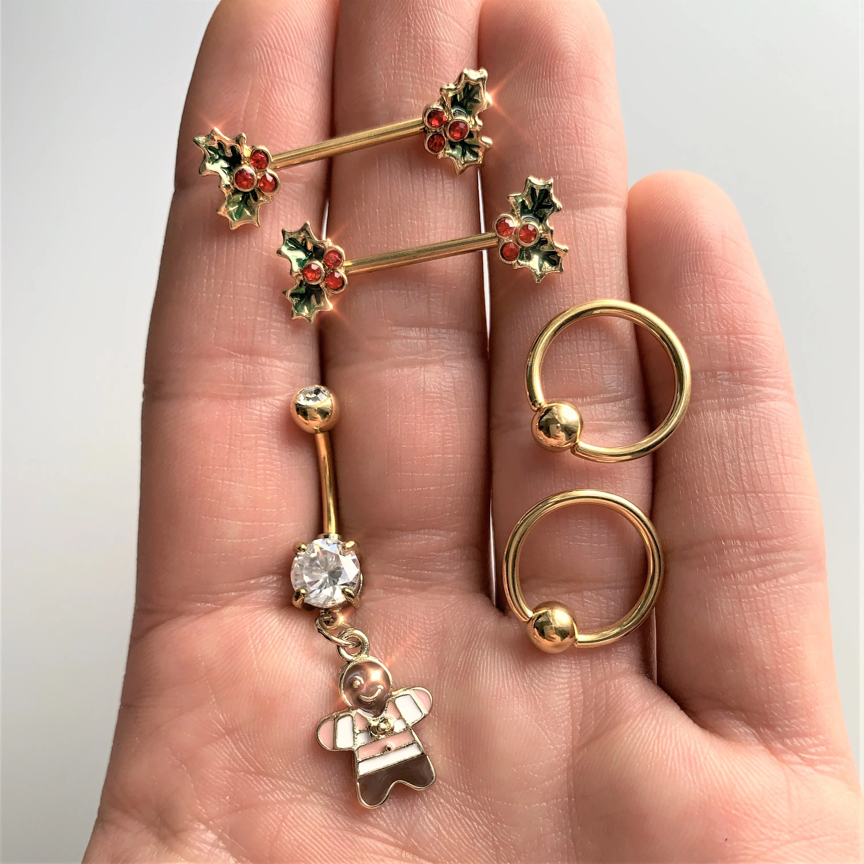 14G Red Gem Gold Tone Holly BCR Barbell Nipple Ring Set of 4 - Image 2
