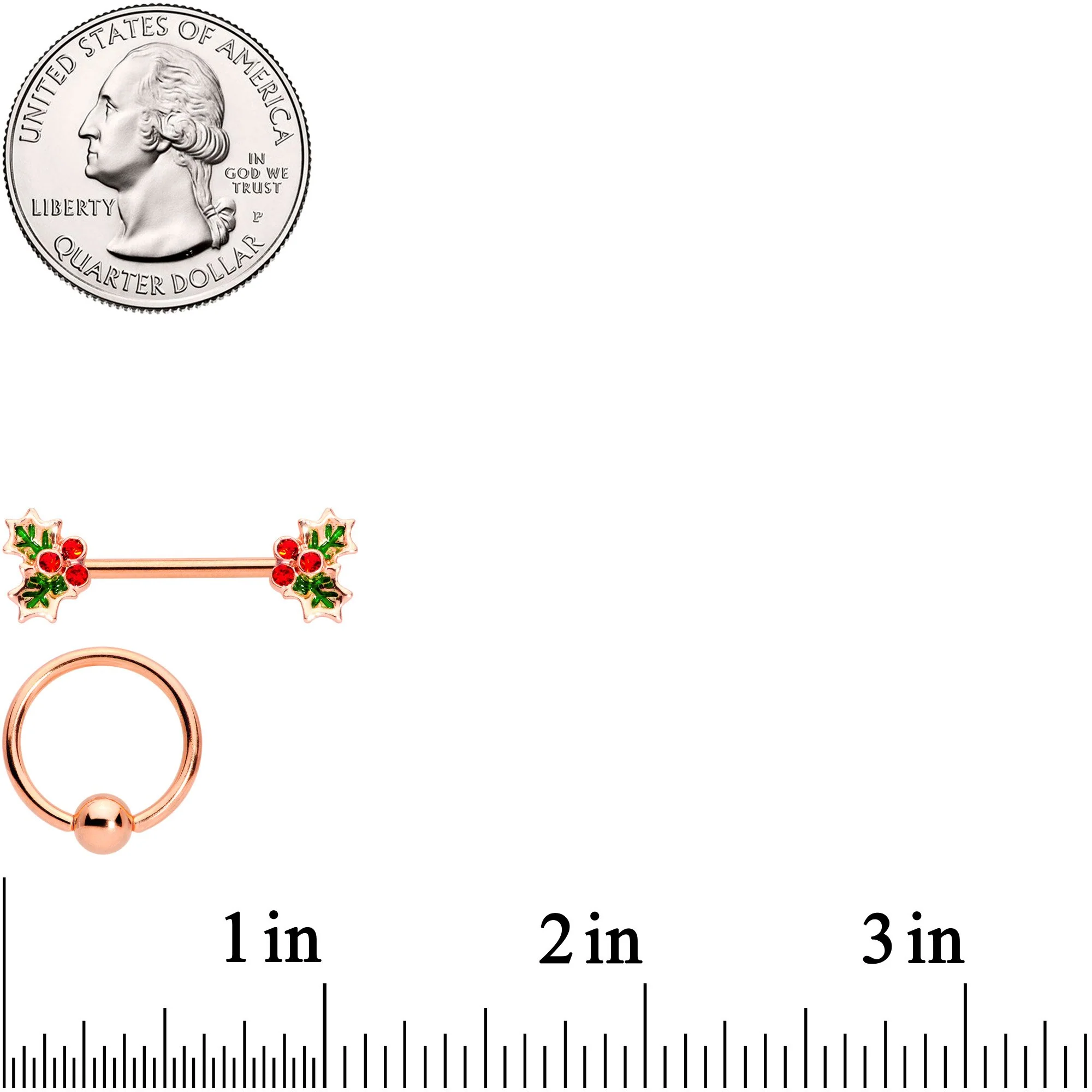 14G Red Gem Rose Gold Tone Holly Captive Barbell Nipple Ring Set - Image 4