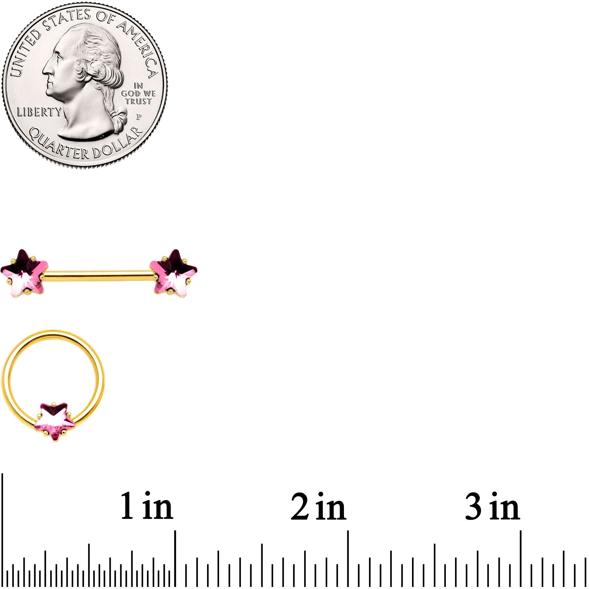 14G Pink Gem Star Gold Tone Captive Barbell Nipple Ring Set - Image 3