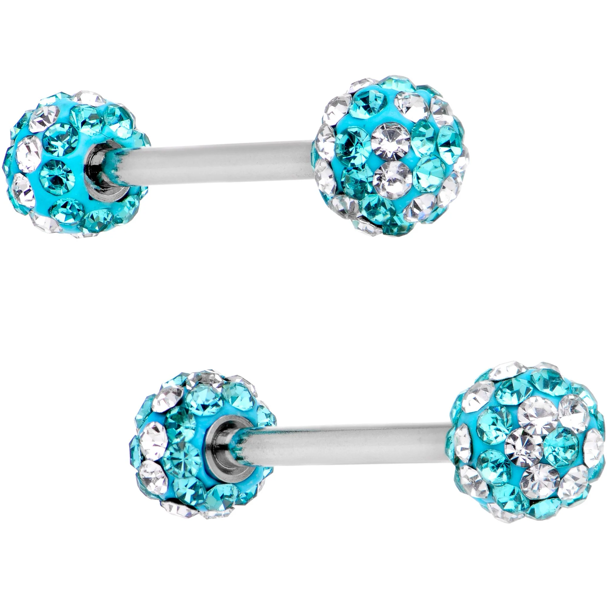 5/8 Clear Aqua CZ Gem Two Tone Stripe Barbell Nipple Ring Set - Image 2