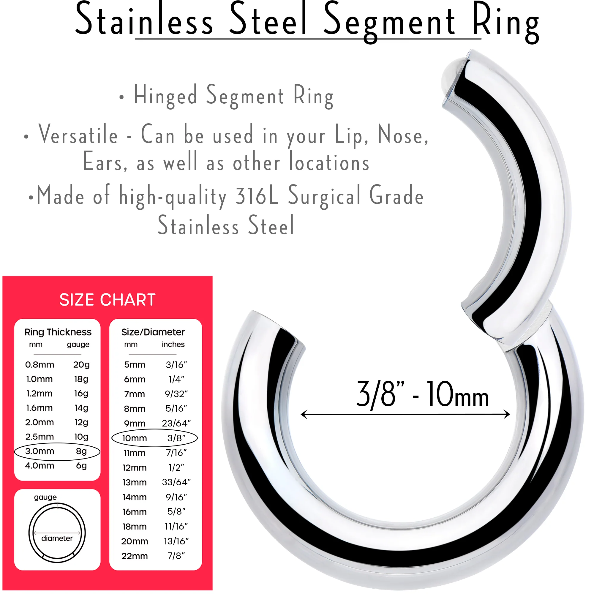 8G 3/8 316L Surgical Steel Precision Hinged Segment Hoop - Image 3