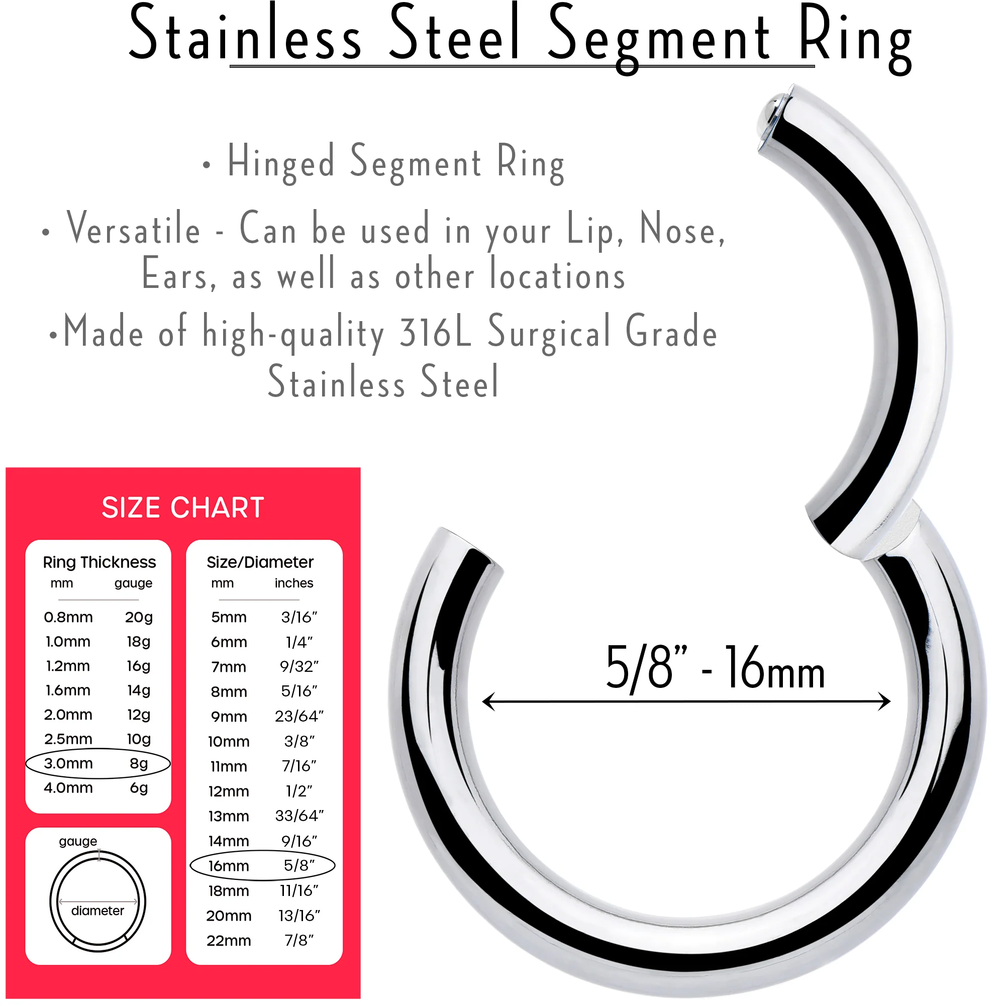 8G 5/8 316L Surgical Steel Precision Hinged Segment Hoop - Image 3