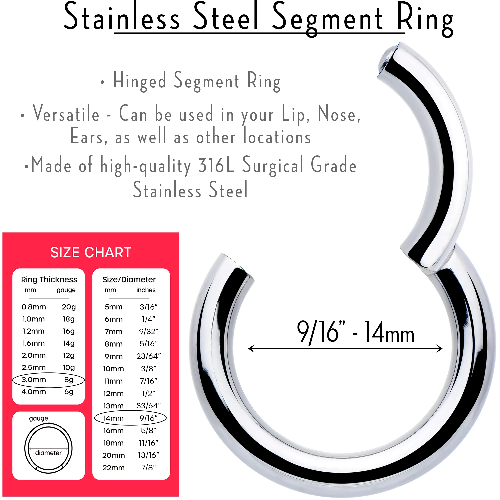 8G 9/16 316L Surgical Steel Precision Hinged Segment Hoop - Image 3