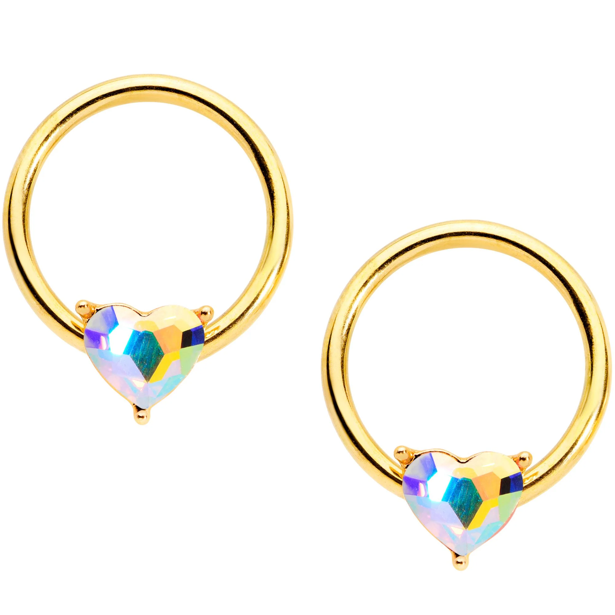 14G Aurora Heart Gem Gold Tone BCR Barbell Nipple Ring Set - Image 3