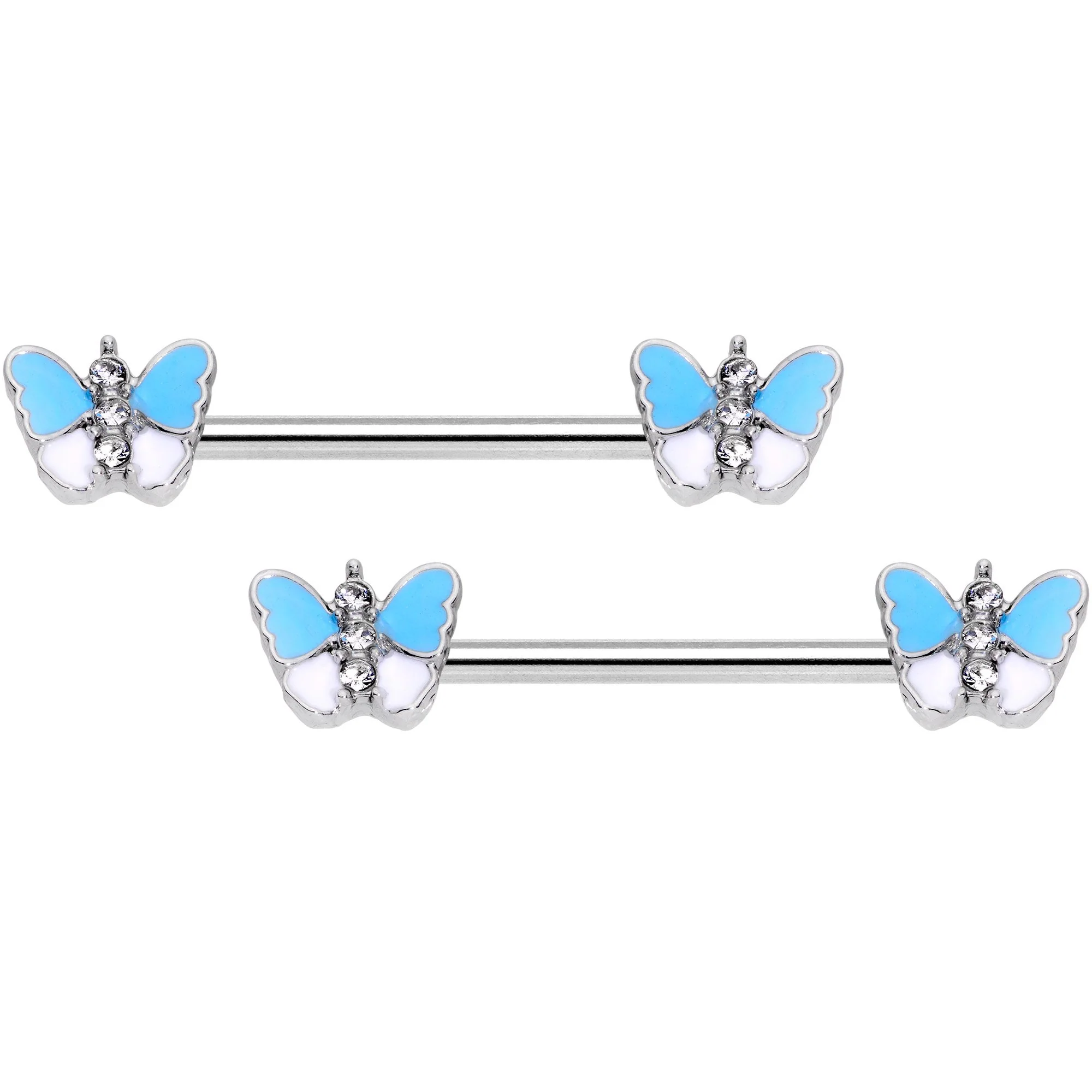14G Blue White Inlay Butterfly BCR Barbell Nipple Ring Set of 4 - Image 2