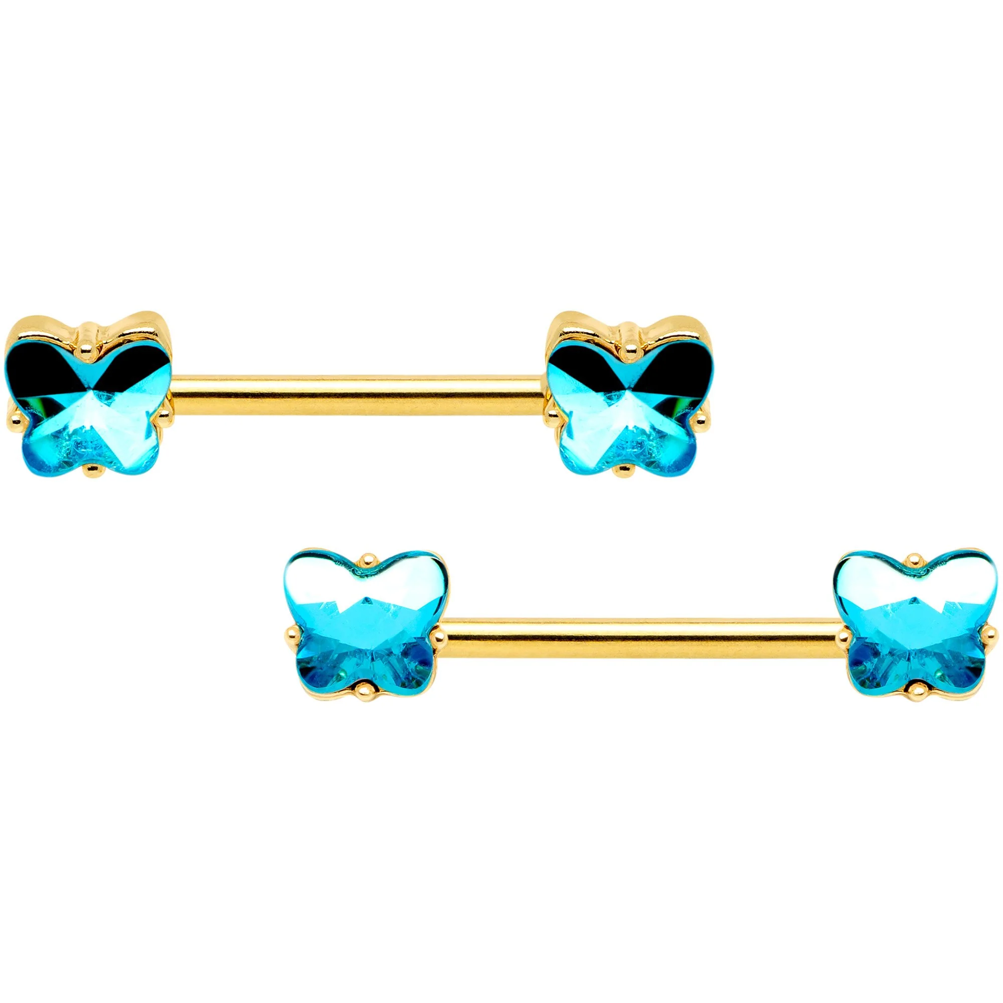14G Aqua Gem Butterfly Gold Tone BCR Barbell Nipple Ring Set of 4 - Image 2