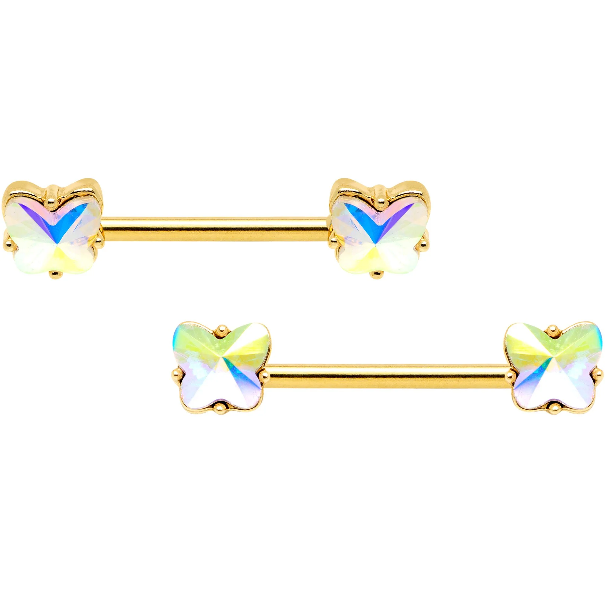 14G Aurora Gem Butterfly Gold Tone BCR Nipple Ring Set - Image 2