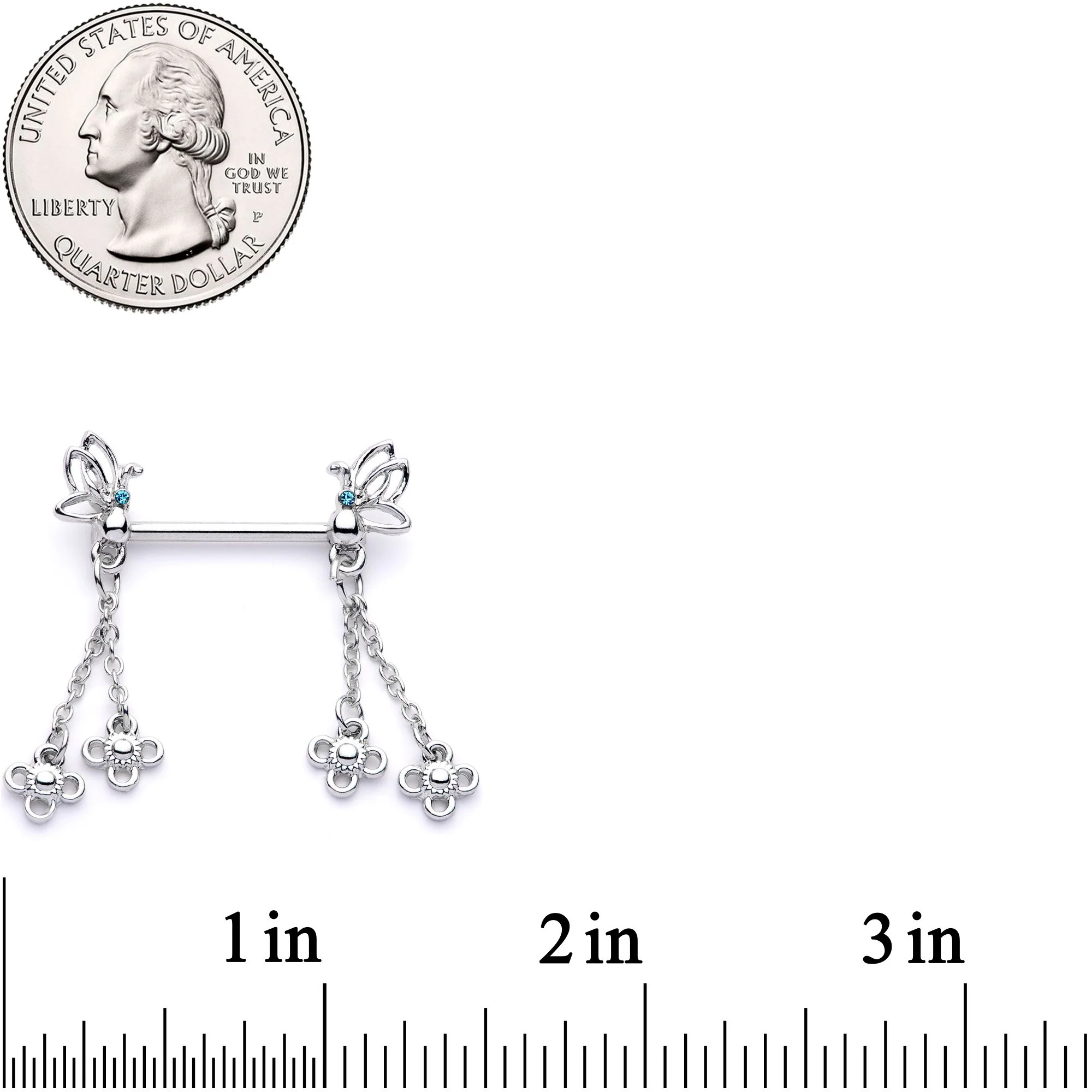 9/16 Aqua Gem Butterfly Dangle Barbell Nipple Ring Set - Image 2
