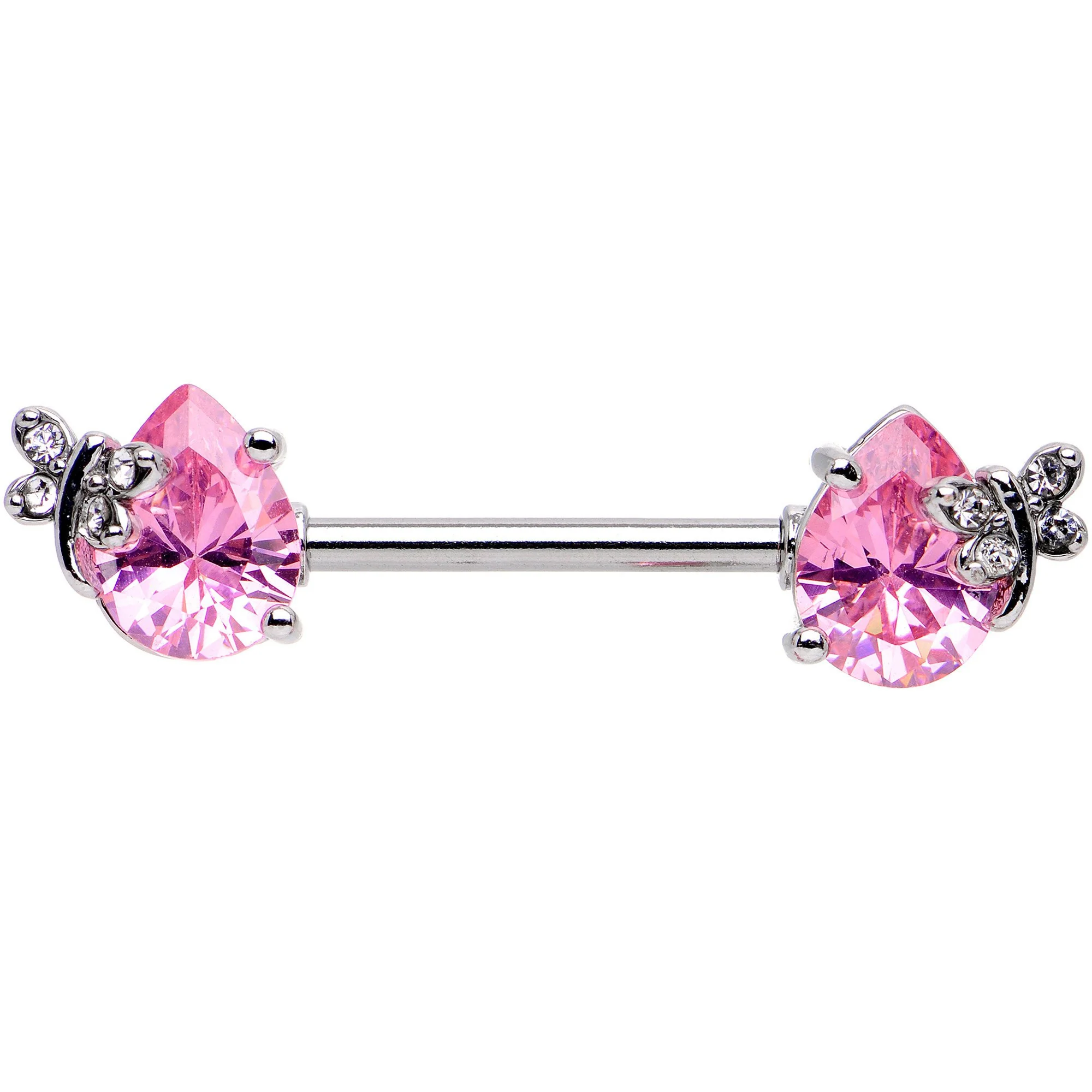 9/16 Pink CZ Gem Mini Butterfly Barbell Nipple Ring Set - Image 2