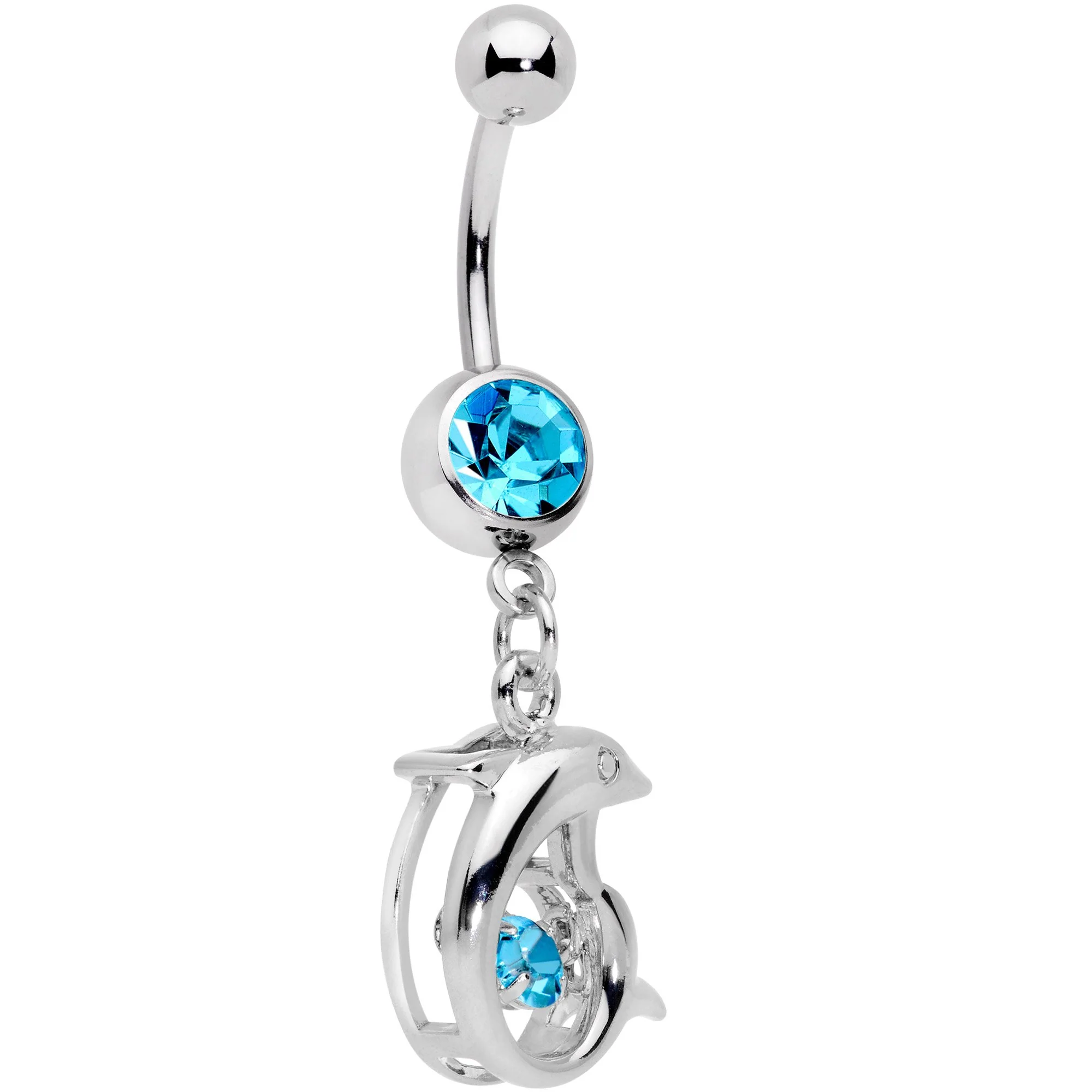 Aqua CZ Gem Abstract Dancing Dolphin Dangle Belly Ring - Image 2