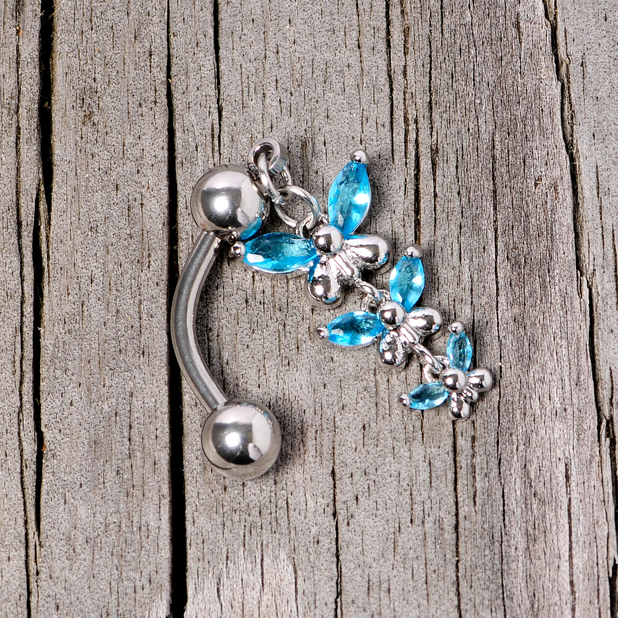 Aqua Gem Band of Butterflies Top Mount Dangle Belly Ring - Image 6