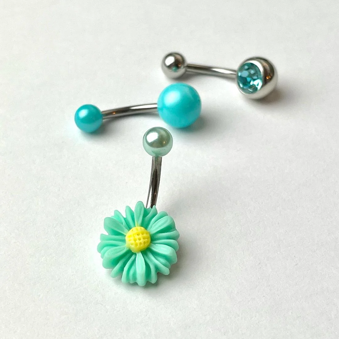 Aqua Gem Daisy Pearlescent Belly Ring Set of 3 - Image 2