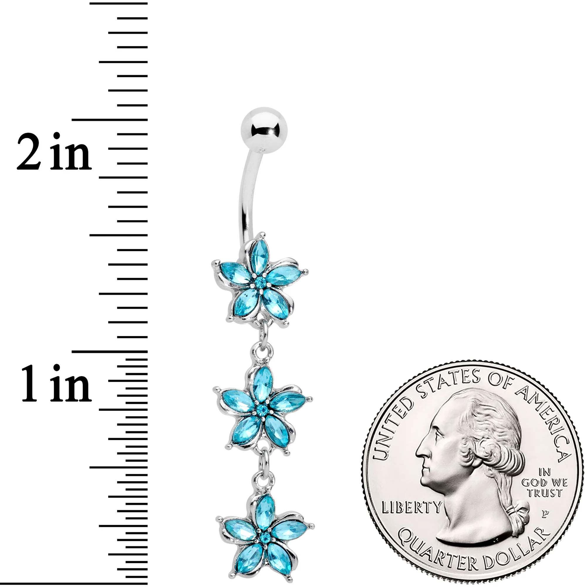 Aqua Gem Flower Trio Dangle Belly Ring - Image 2