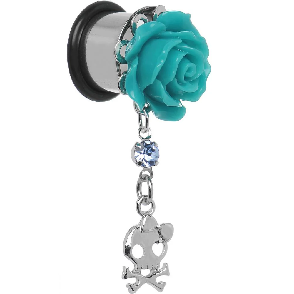 Aqua Rose Flower Skull Crossbones Dangle Plug Sizes 5mm to 12mm - Image 8
