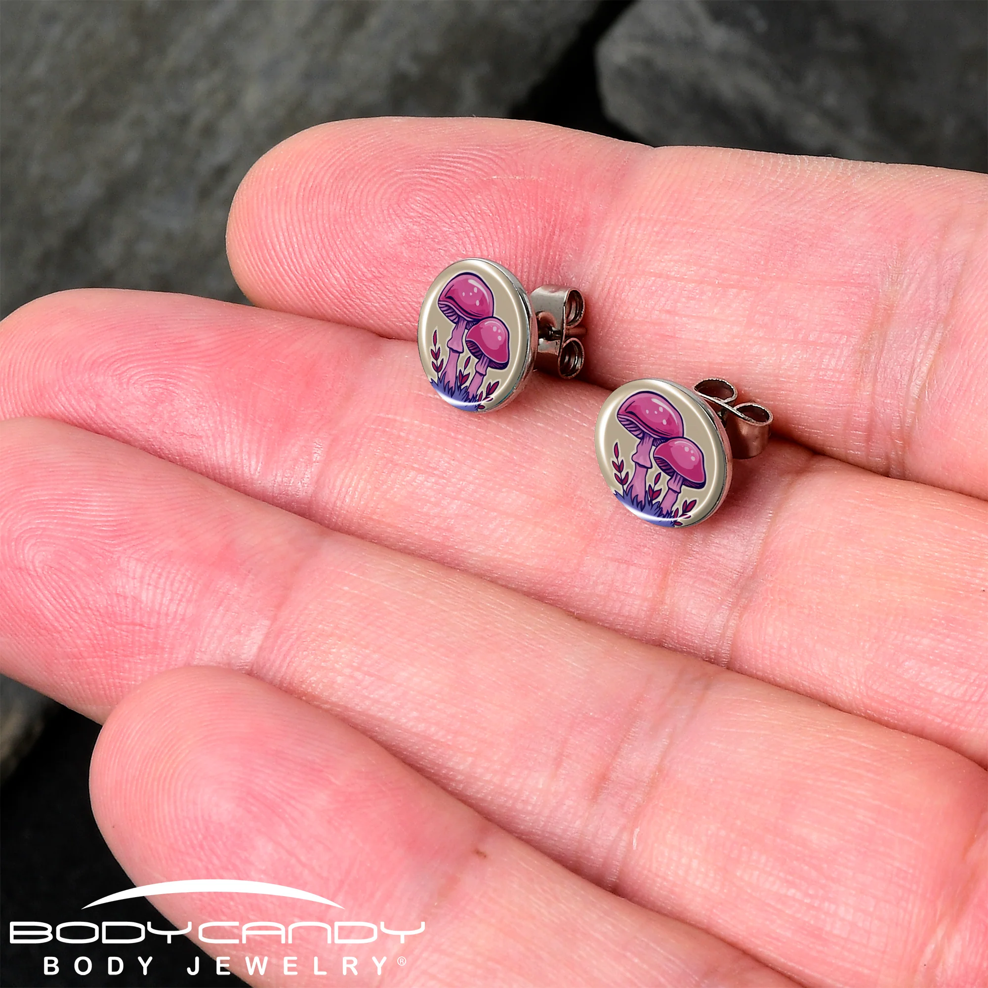 Artist Drawn Pink Mushrooms Stud Earrings by Onyx O - Image 2