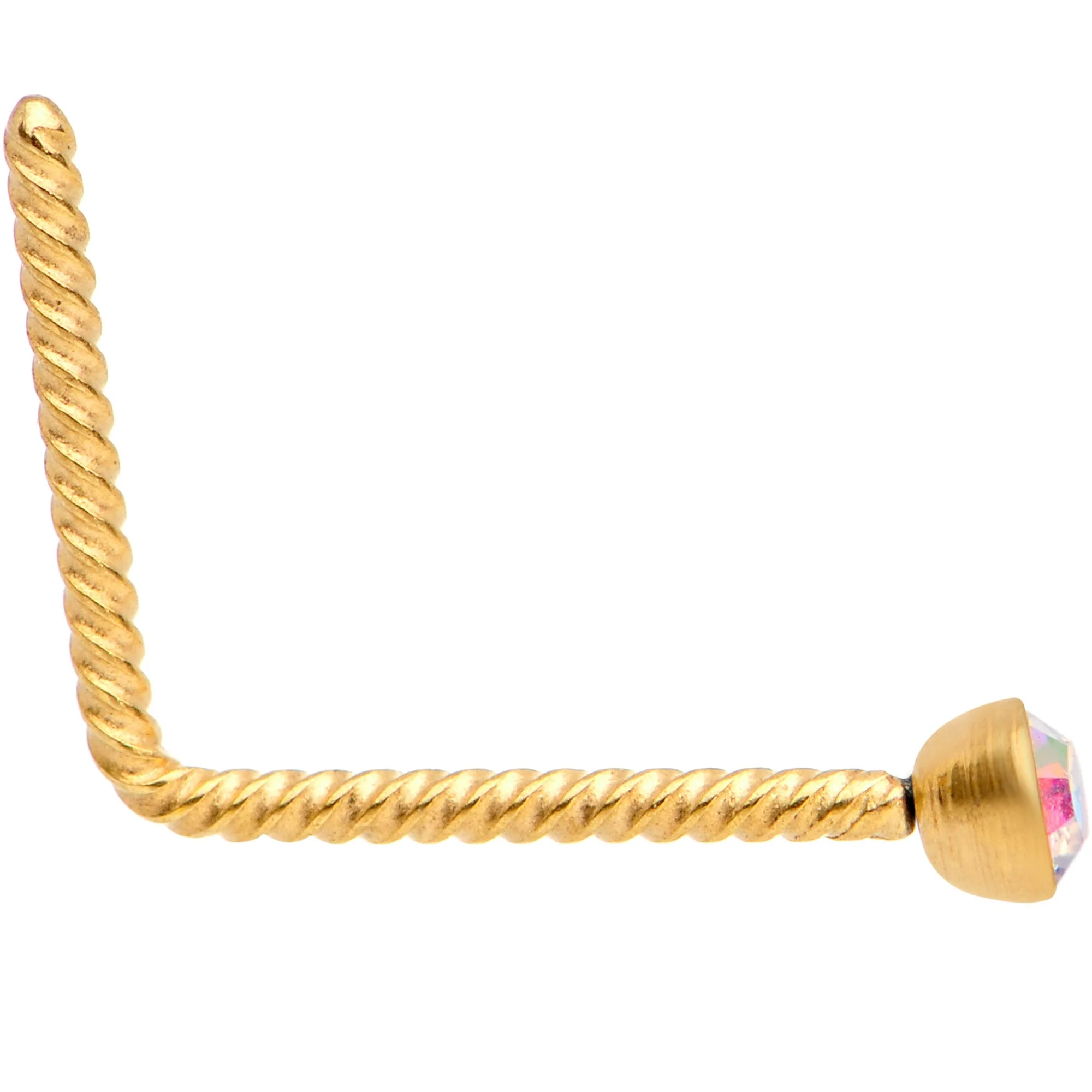 Aurora 2mm Gem Inlay Gold IP So Twisted L Shaped Nose Ring - Image 2