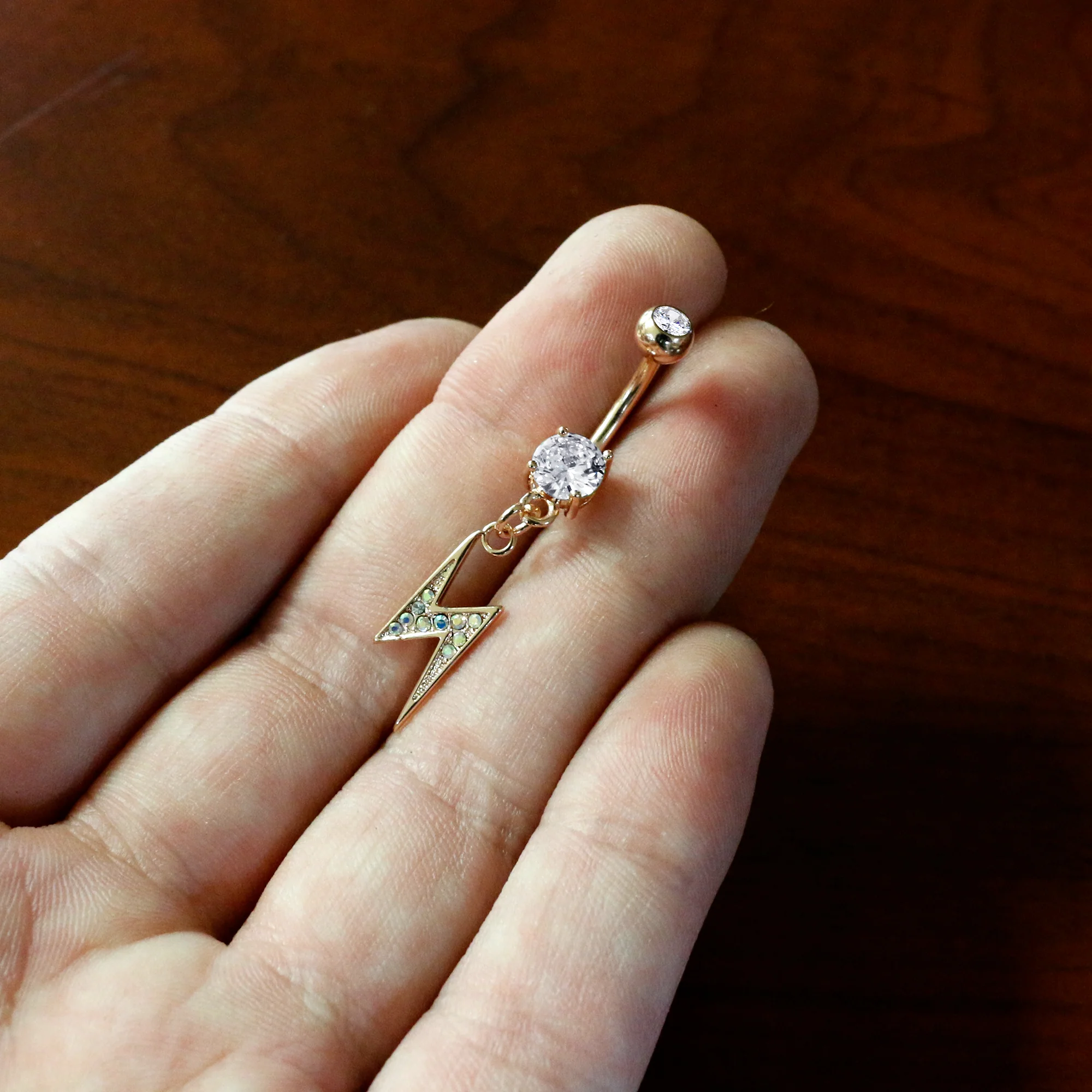 Aurora CZ Gem Rose Gold Tone Lightning Strike Dangle Belly Ring - Image 6