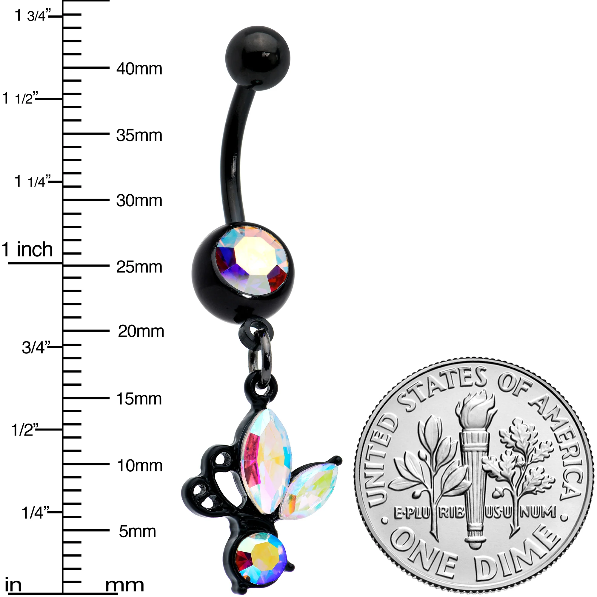 Aurora Gem Black Fleur de Lis Butterfly Dangle Belly Ring - Image 3