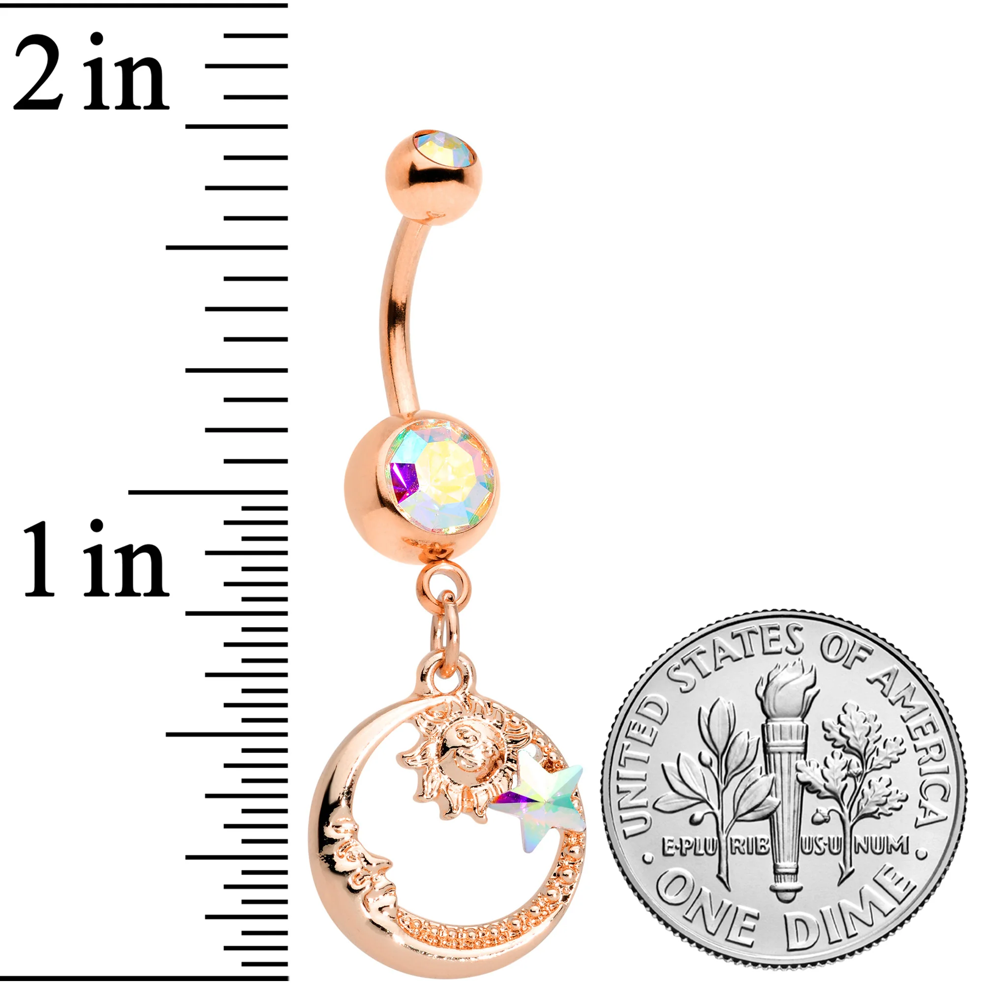 Aurora Gem Rose Gold Tone Sun Moon Star Dangle Belly Ring - Image 3
