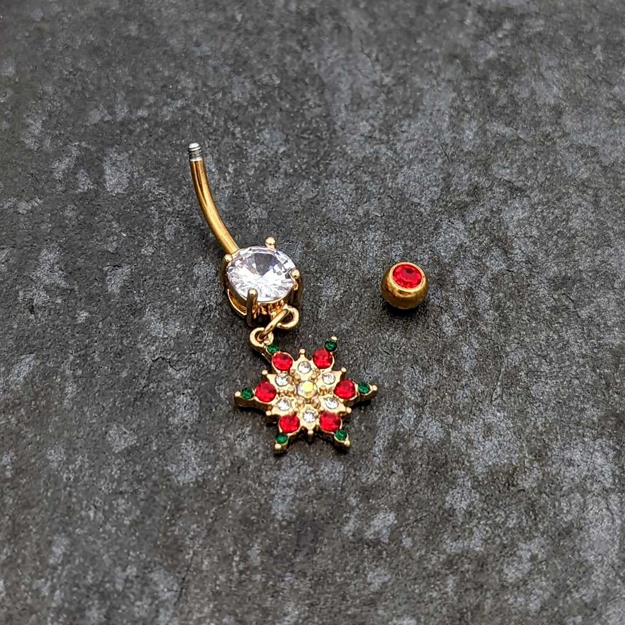 Aurora Red Green Gem Gold Tone Christmas Star Holiday Dangle Belly Ring - Image 5