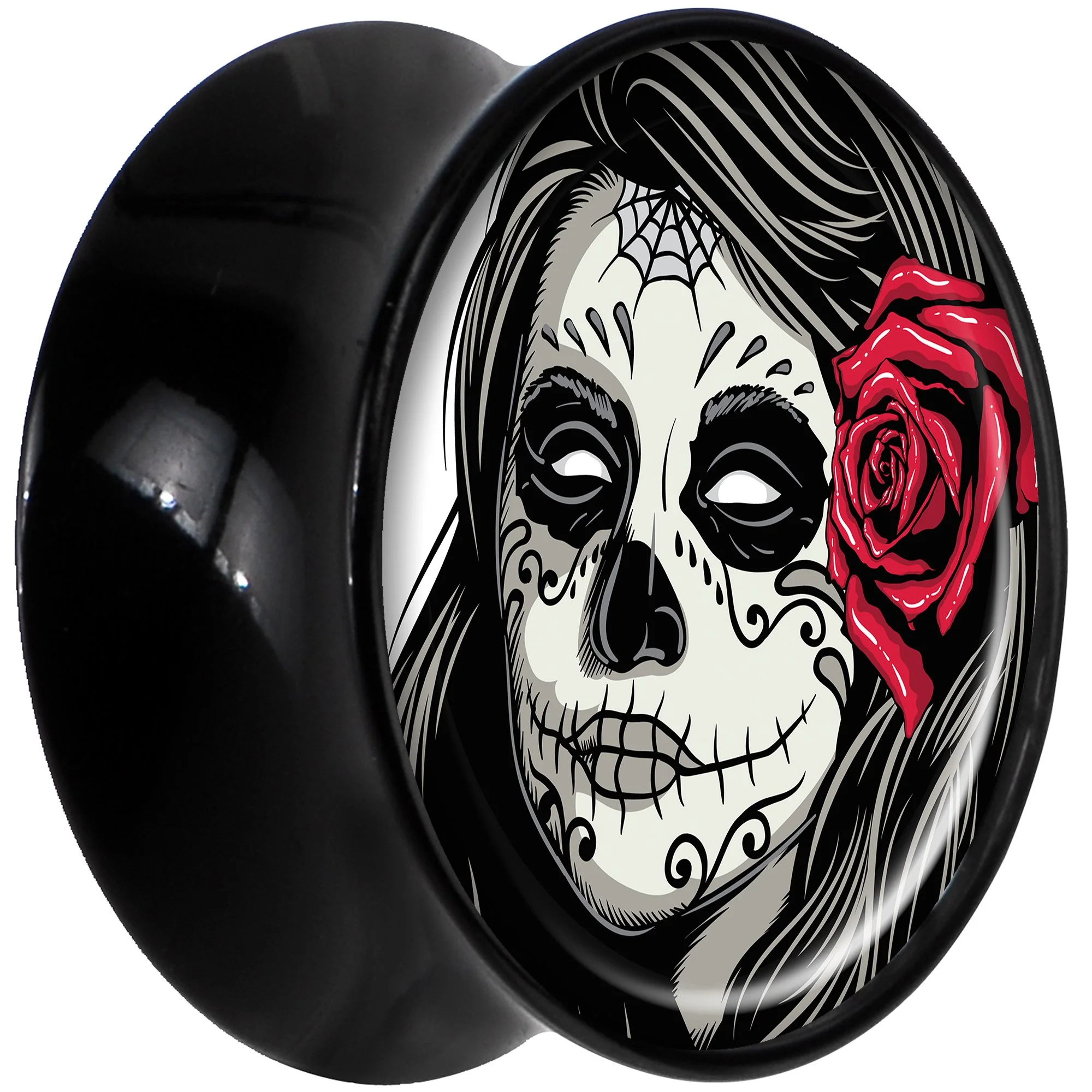 Black Acrylic Katrina Sugar Skull with Rose Flower Saddle Plug Set 18mm - Image 2