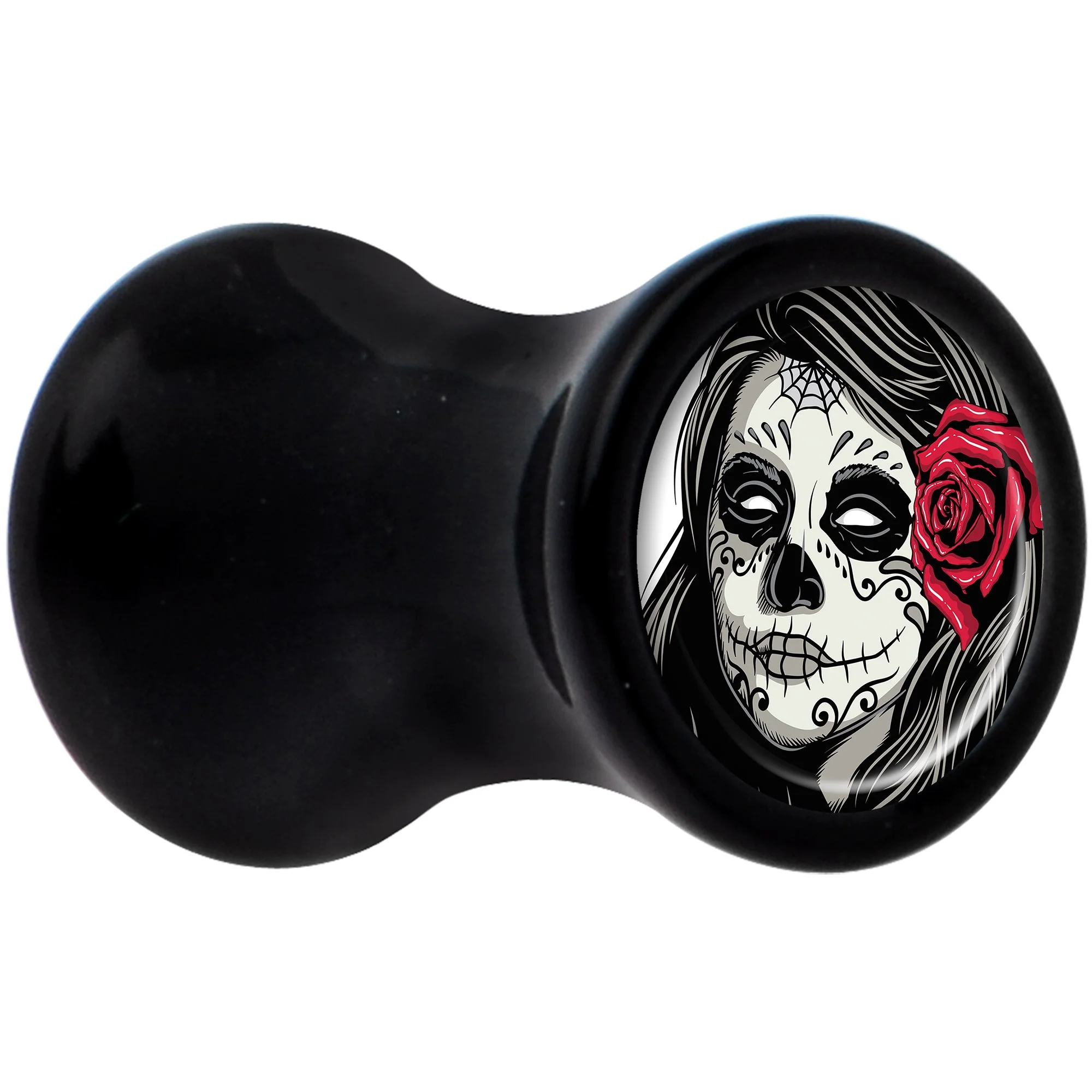 Black Acrylic Katrina Sugar Skull with Rose Flower Saddle Plug Set 4G - Image 2