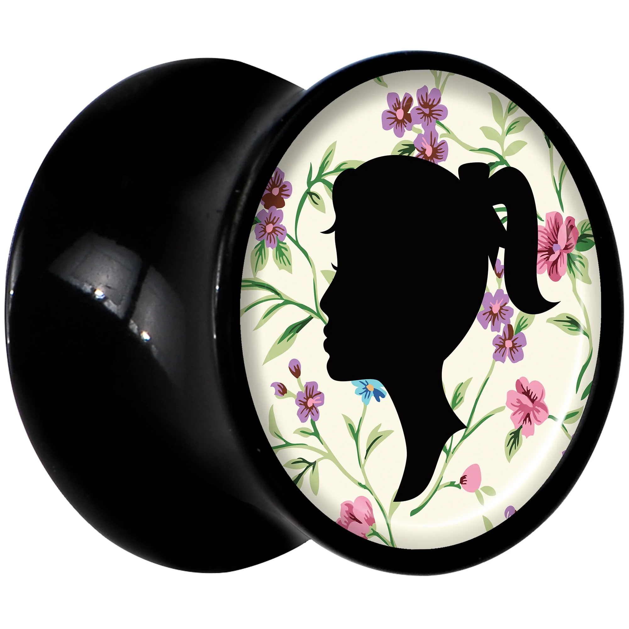 Black Acrylic Man Woman Floral Silhouette Saddle Plug Set 00G - Image 2
