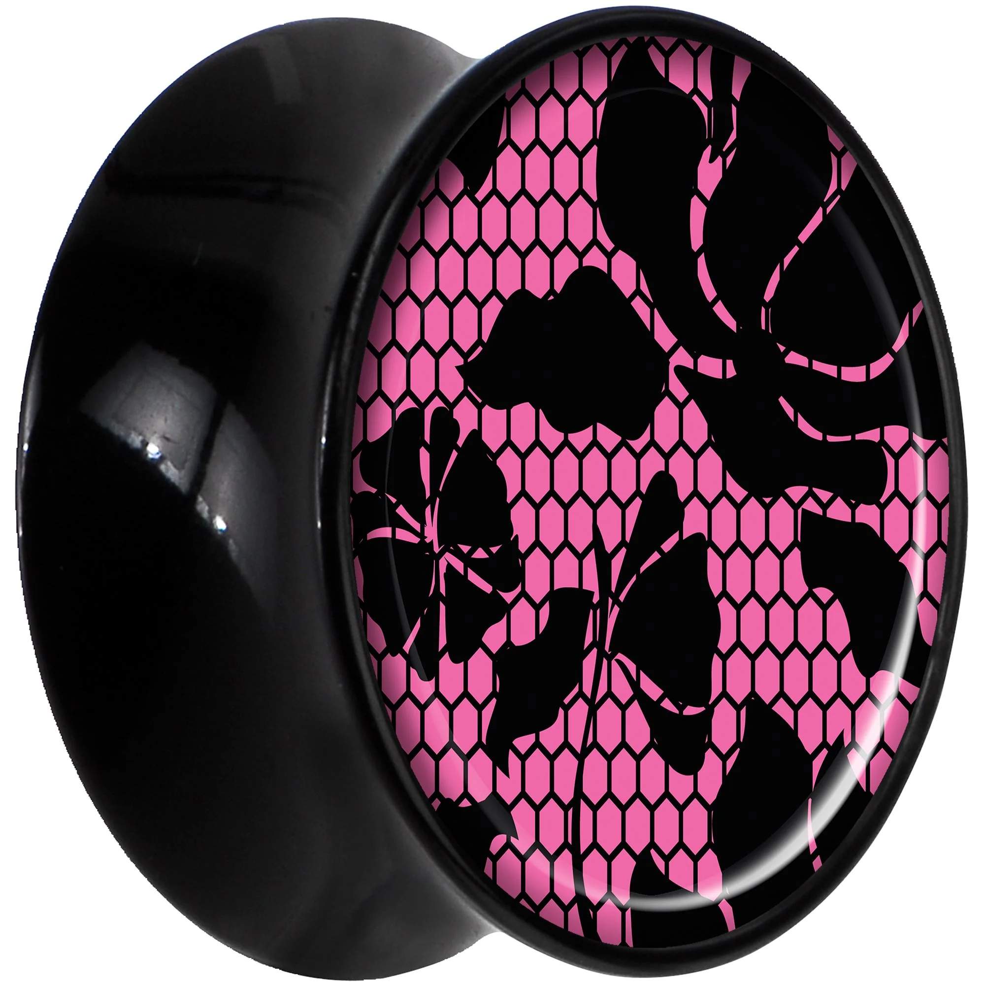 Black Acrylic Pink Floral Lace Saddle Plug Set 20mm - Image 2