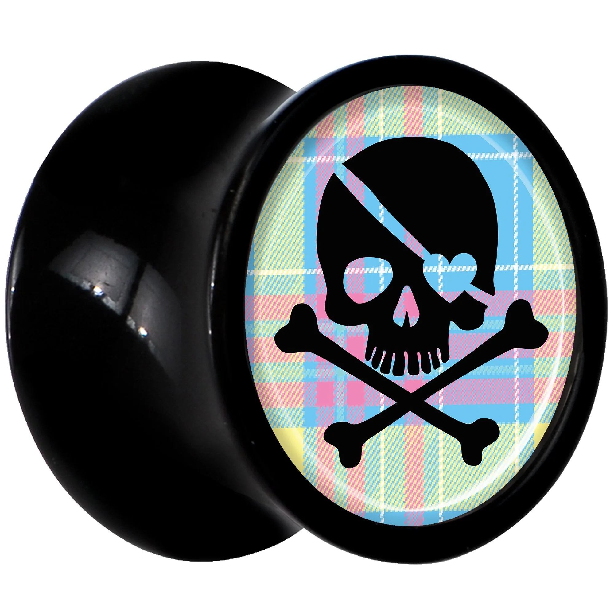 Black Acrylic Pink Green Plaid Heart Skull Saddle Plug Set 0G - Image 2