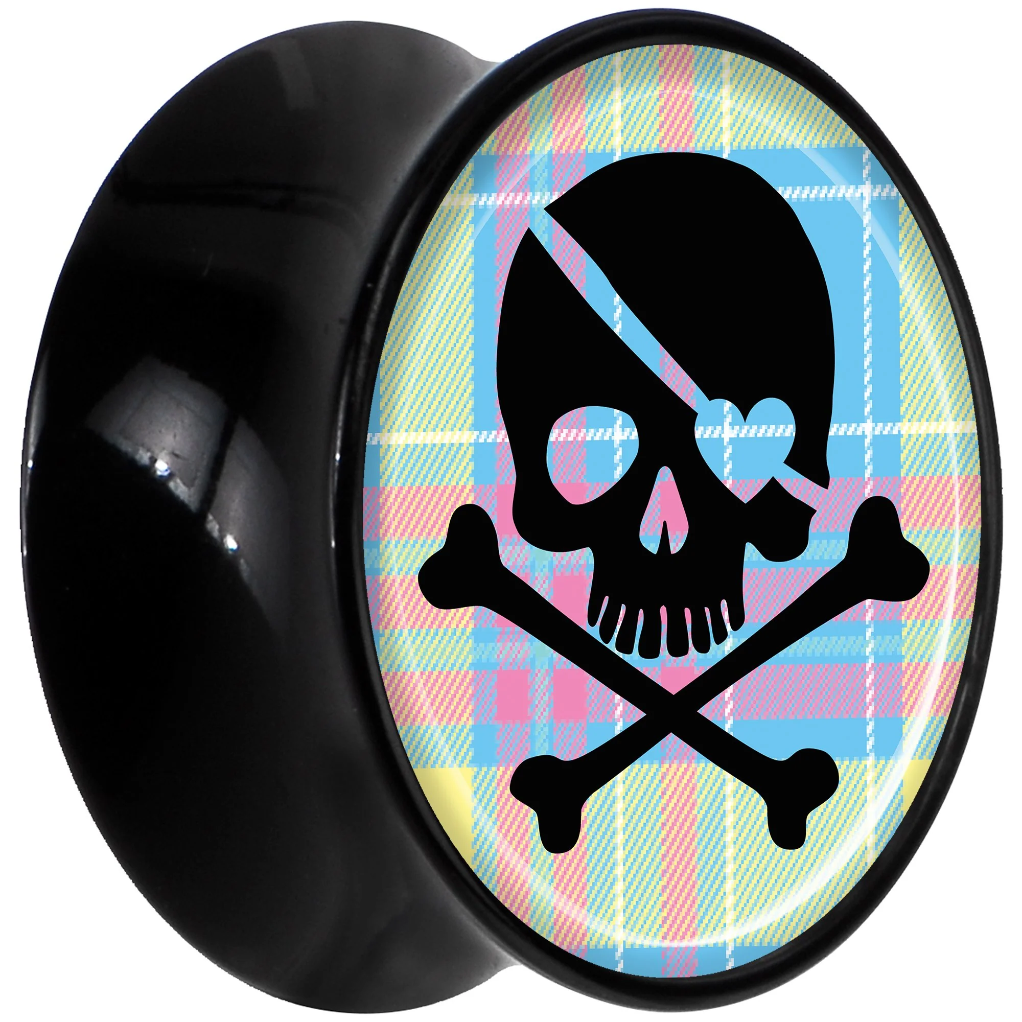 Black Acrylic Pink Green Plaid Heart Skull Saddle Plug Set 9/16 - Image 2