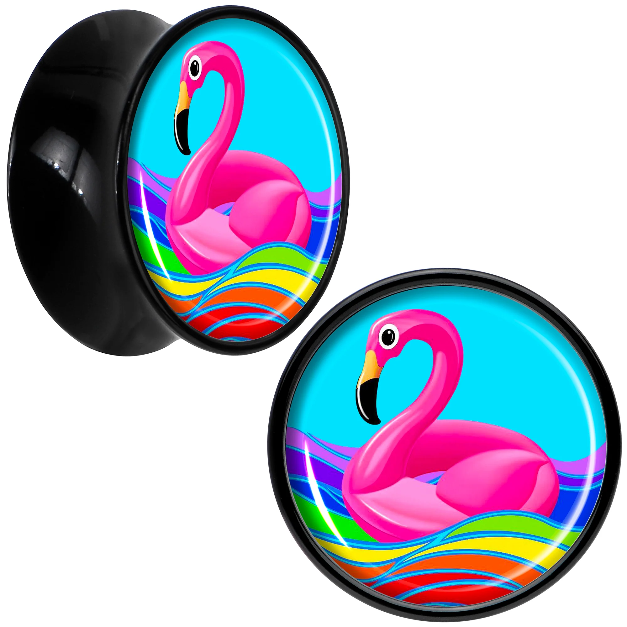 Black Acrylic Rainbow Sea Floating Flamingo Double Flare Plug Set by Onyx O - Image 10
