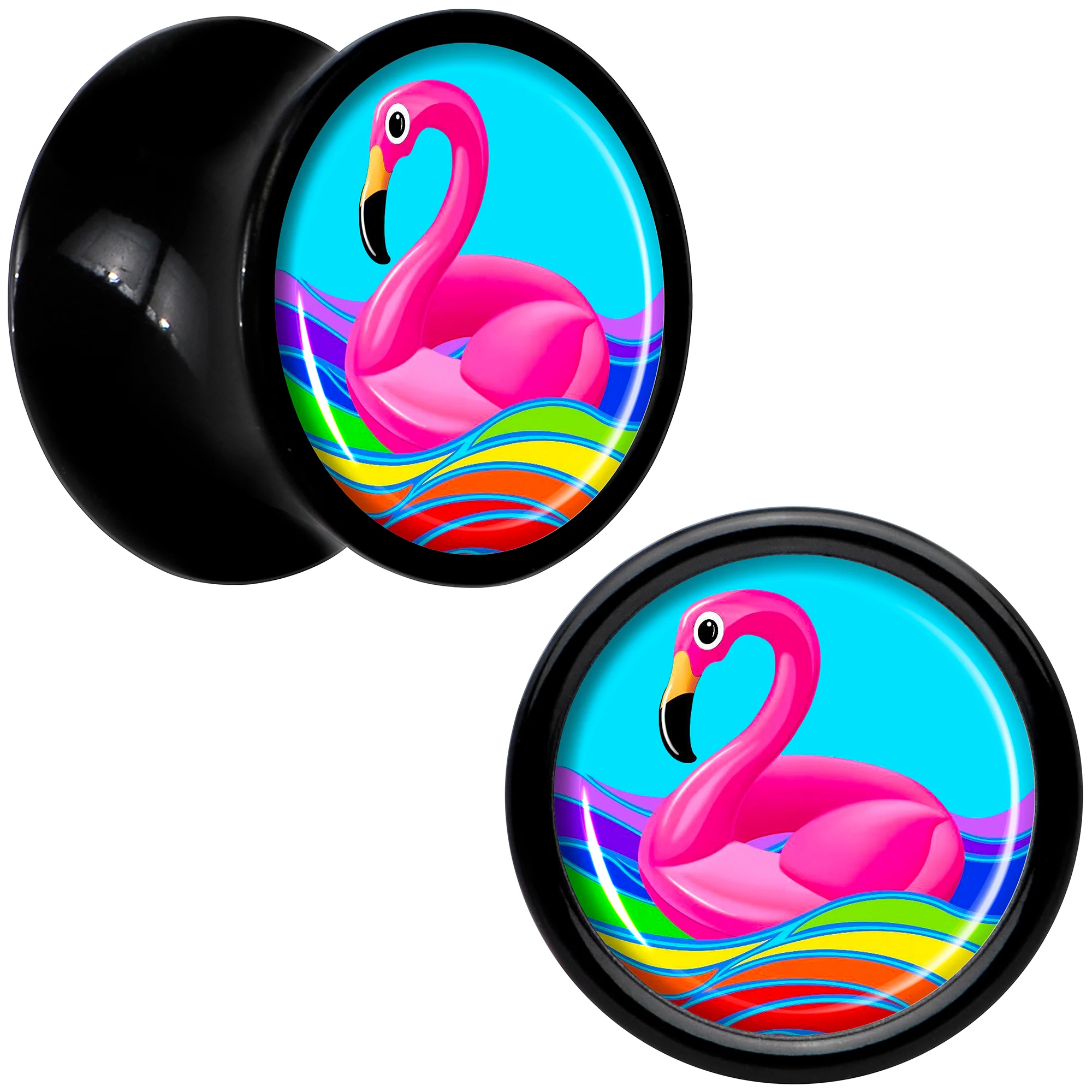 Black Acrylic Rainbow Sea Floating Flamingo Double Flare Plug Set by Onyx O - Image 13