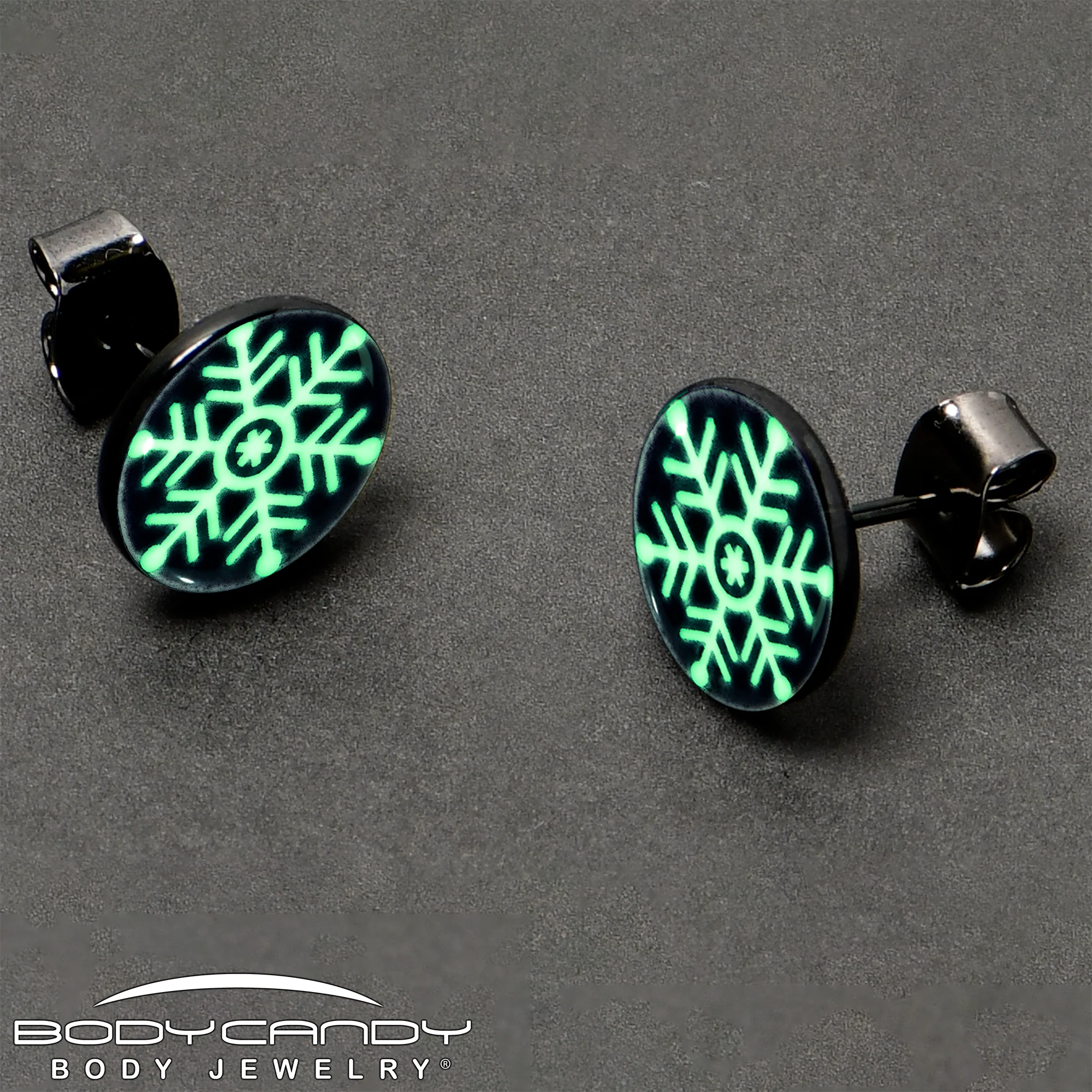 Black Anodized Glow in the Dark Holiday Snowflake Stud Earrings by Onyx O - Image 8