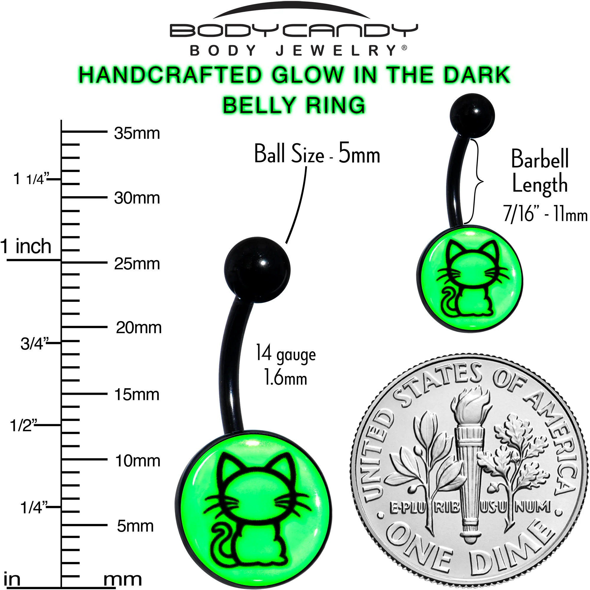Black Anodized Glow in the Dark Kitty Cat Belly Ring by Onyx O - Image 9