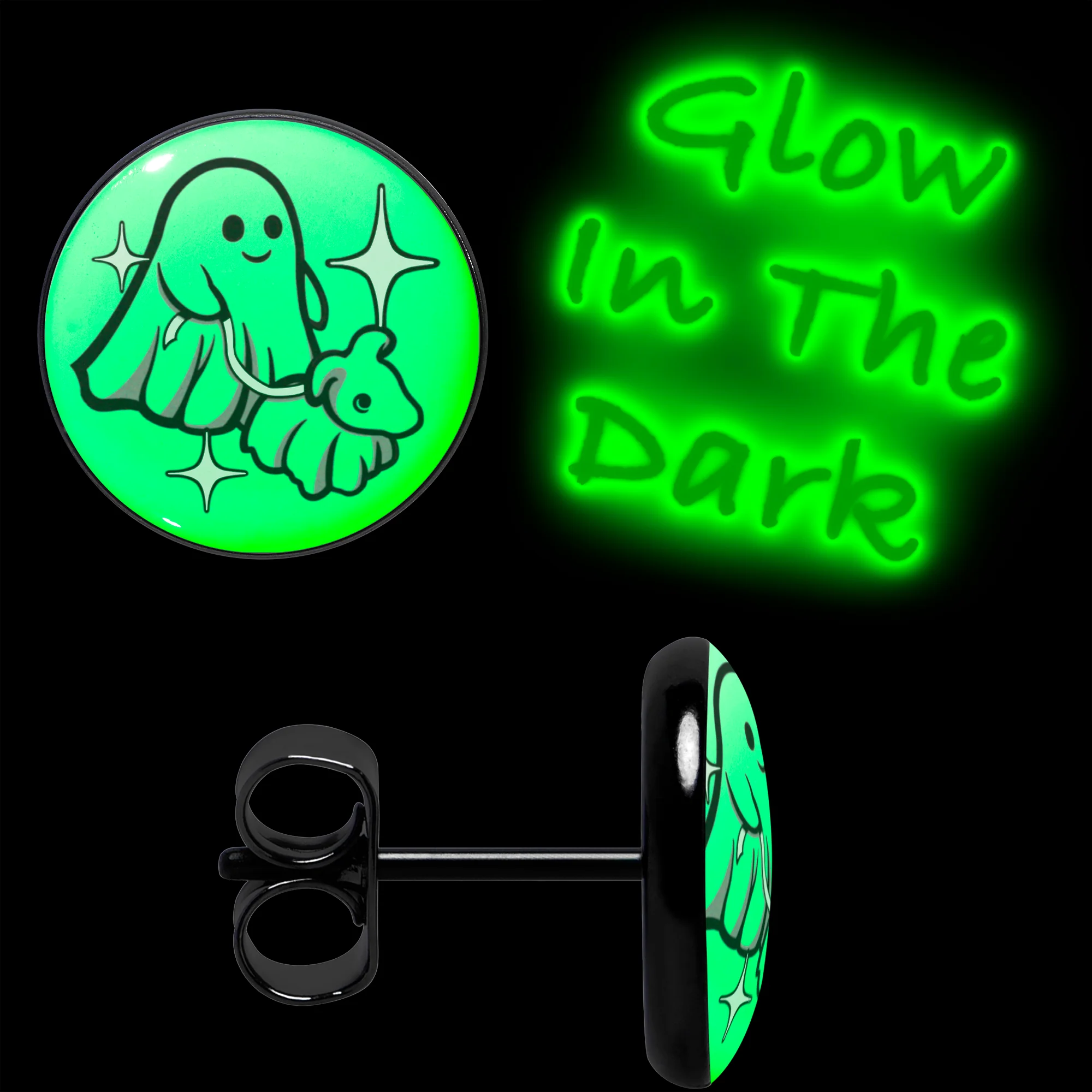 Black Anodized Halloween Ghost Dog Walker Glow in the Dark Stud Earrings by Onyx O - Image 3
