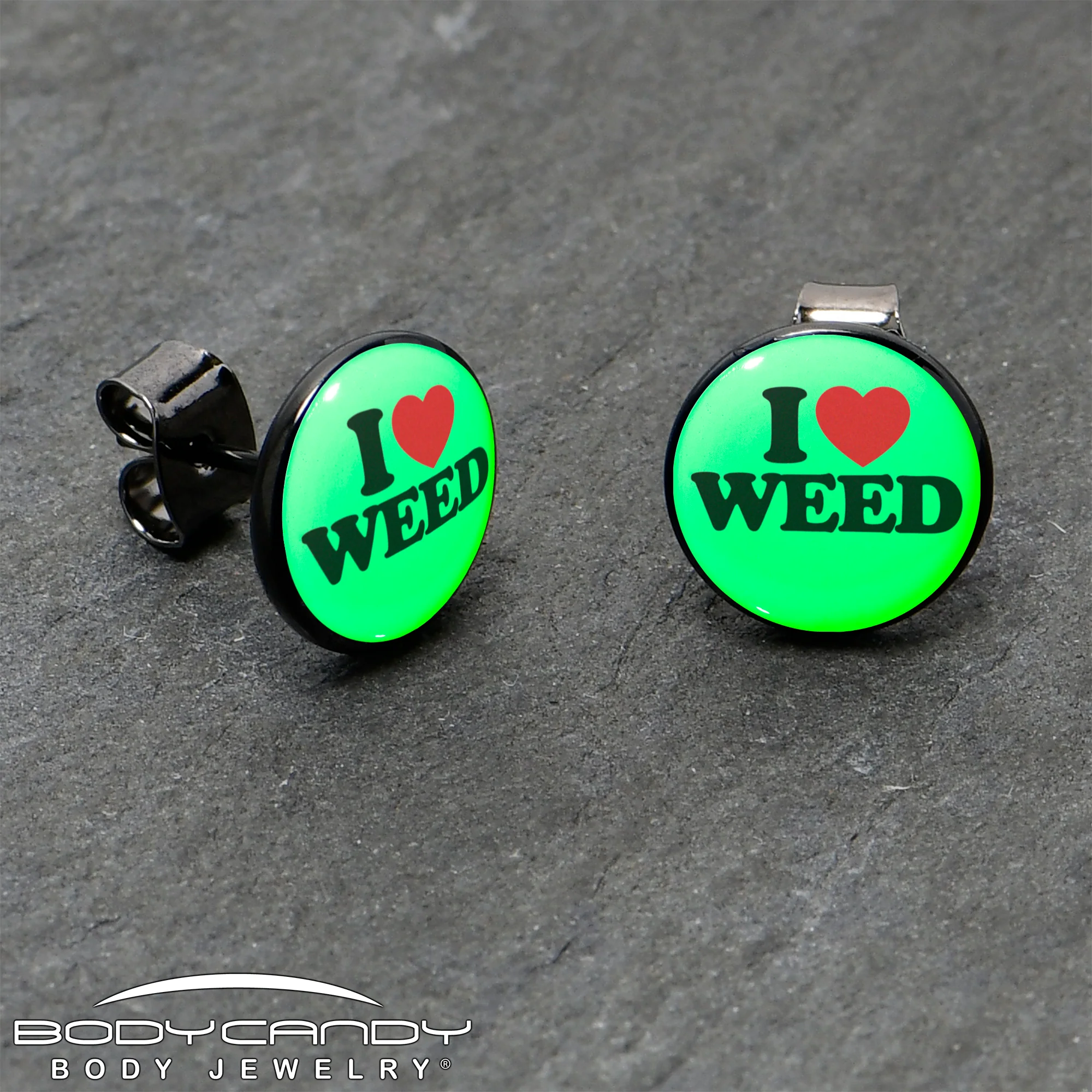 Black Anodized I Love Weed Glow in the Dark Stud Earrings by Onyx O - Image 4