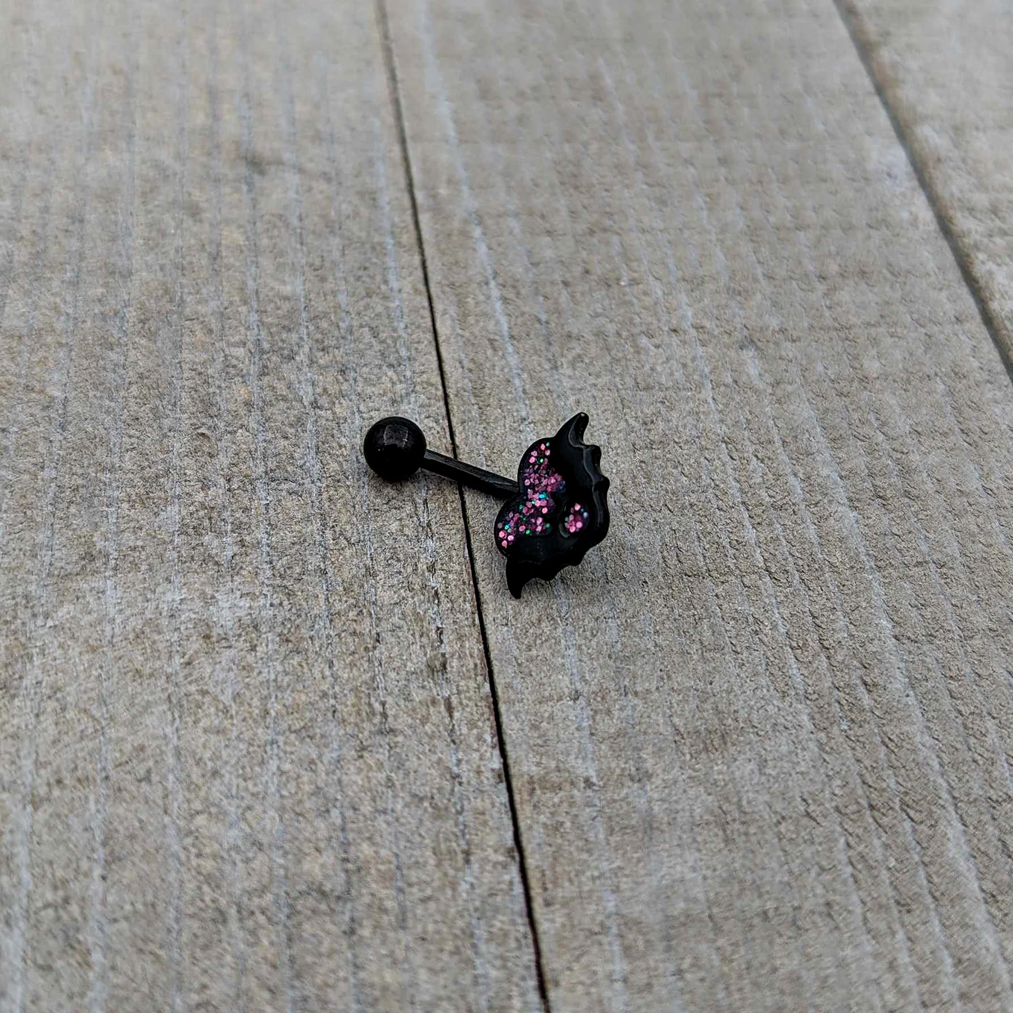 Black Bat Heart Halloween Pink Green Belly Ring - Image 5