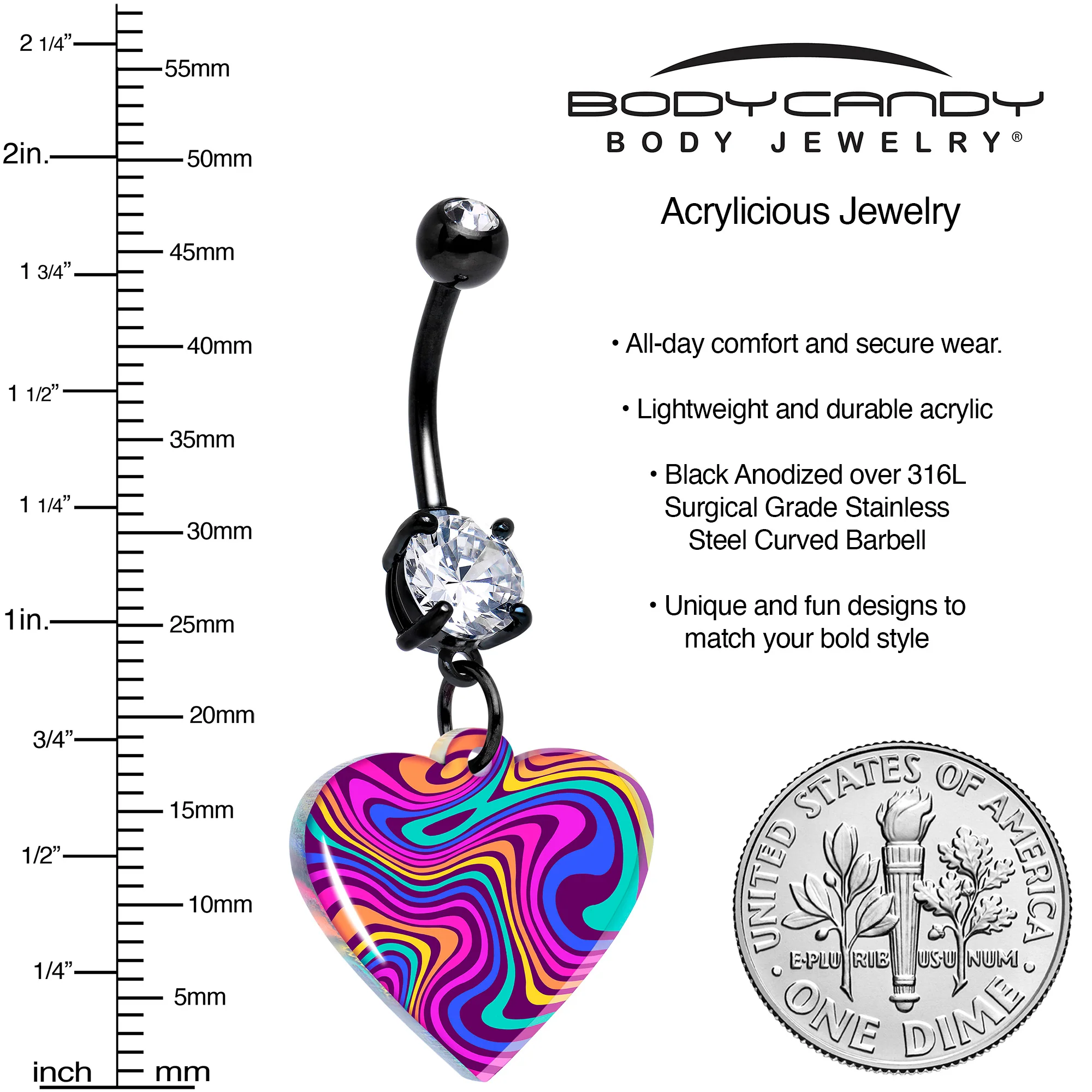 Black Double Gem Swirling Heart Dangle Belly Ring by Onyx O - Image 3
