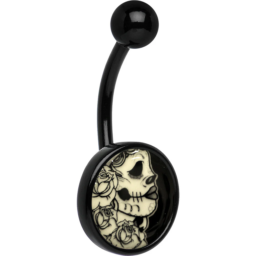Black Glow in the Dark Katrina Sugar Skull Belly Ring - Image 6