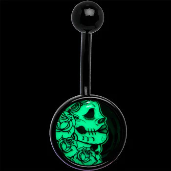 Black Glow in the Dark Katrina Sugar Skull Belly Ring - Image 7