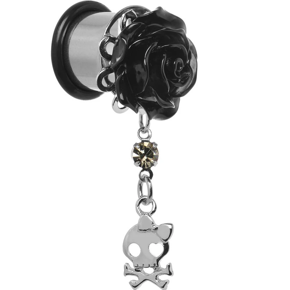 Black Rose Flower Skull Crossbones Dangle Plug Sizes 5mm to 12mm - Image 7