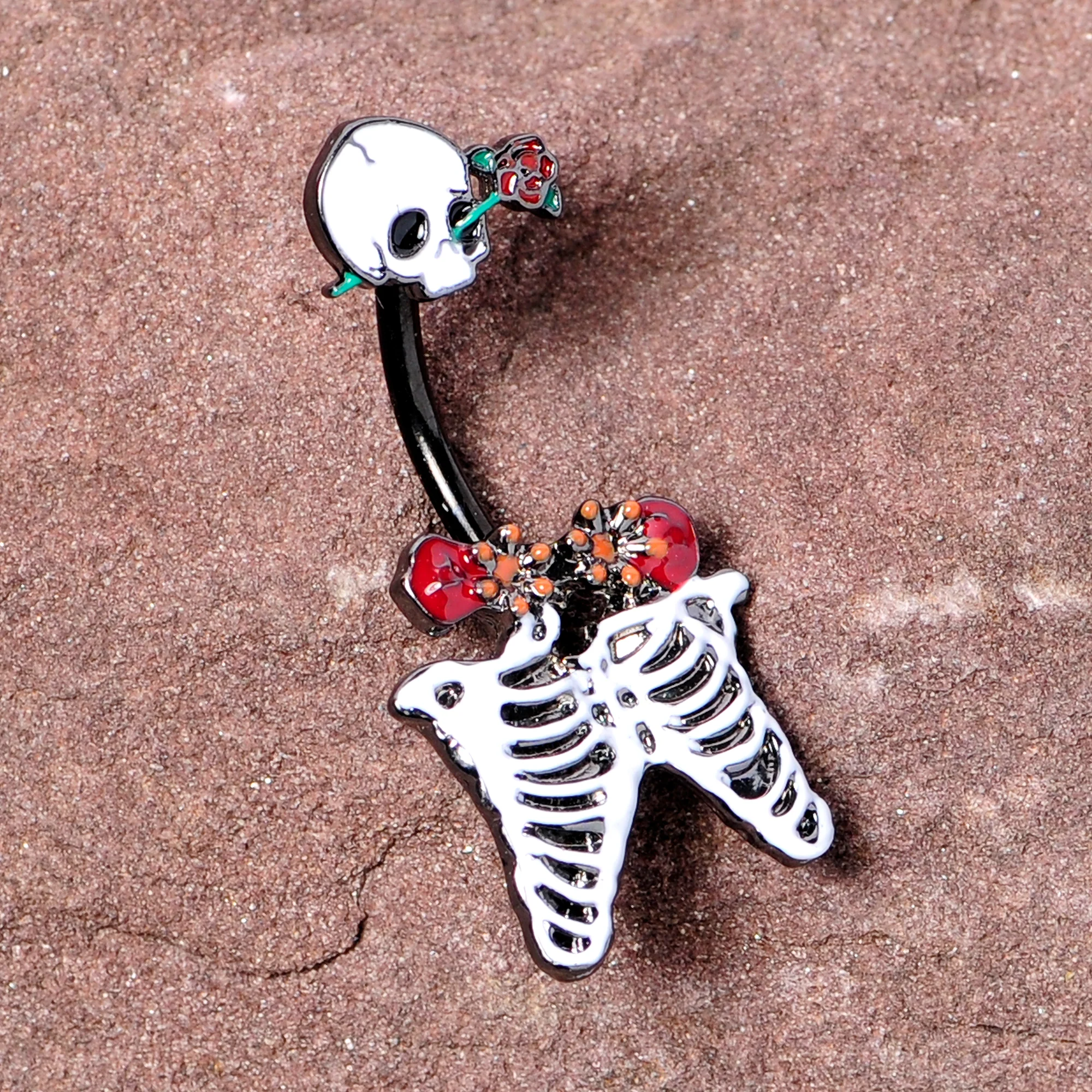 Black Skeleton Skull Rose Halloween Double Mount Belly Ring - Image 4