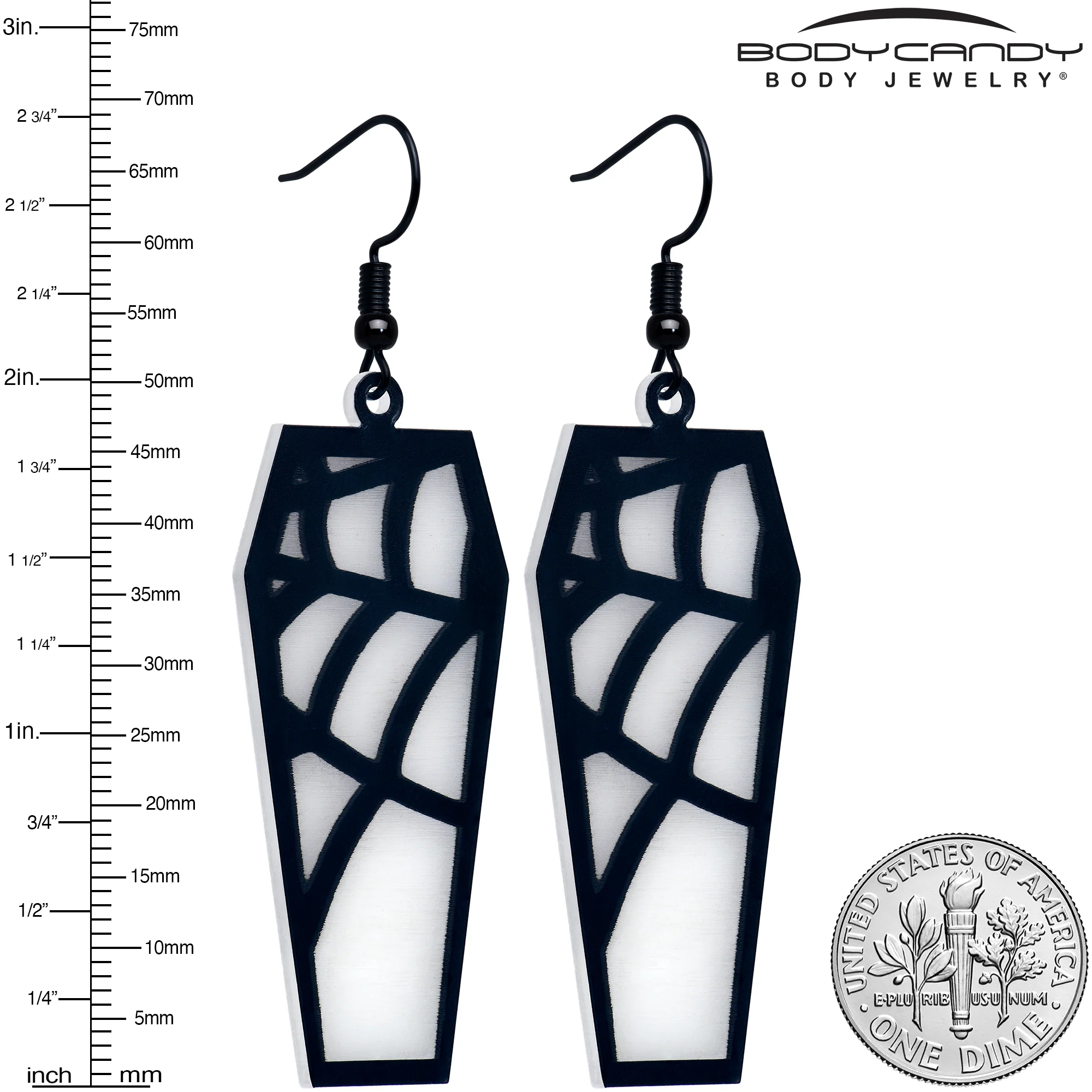 Black Spider Web Coffin Glow in the Dark Dangle Earrings by Onyx O - Image 3