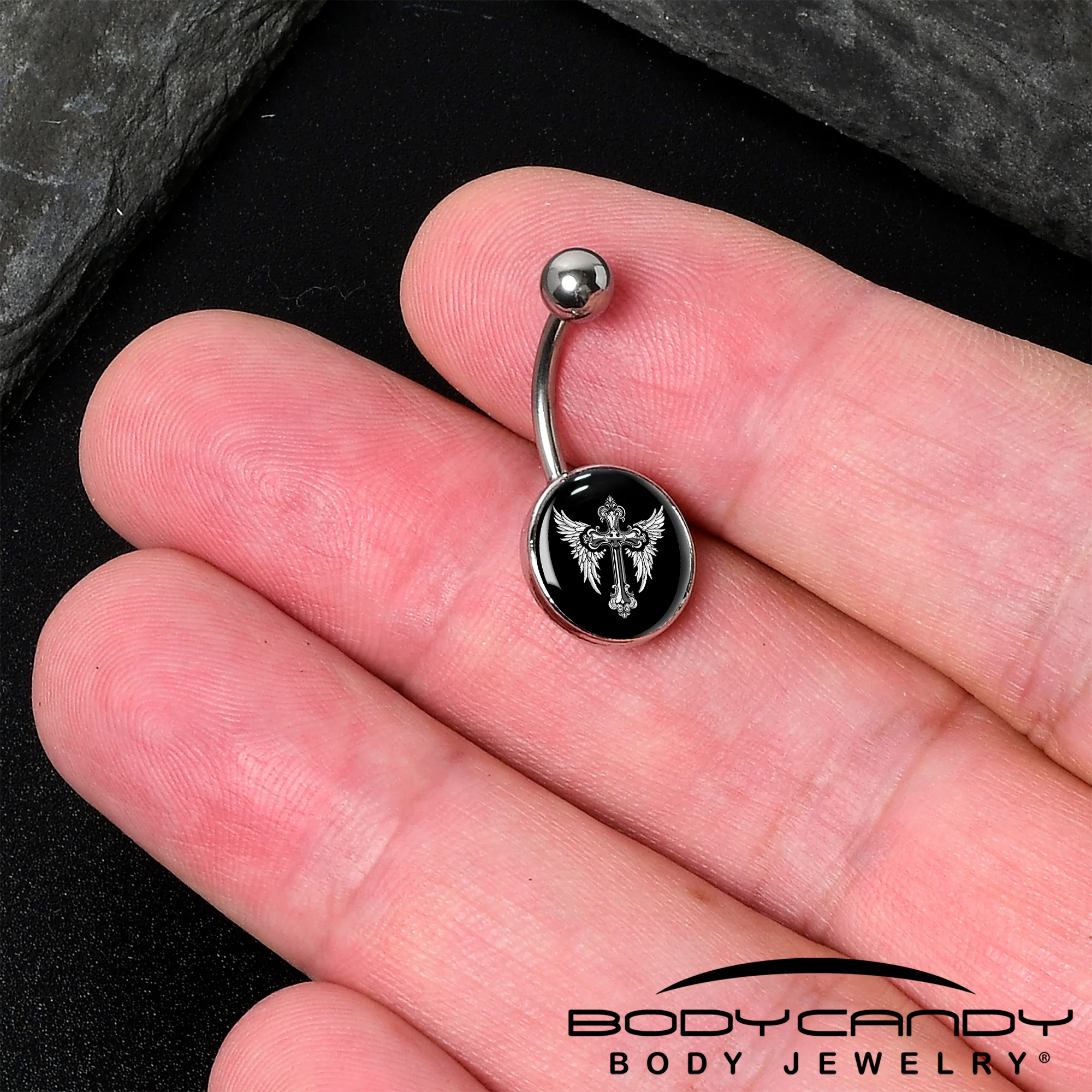 Black White Winged Cross Belly Ring by Onyx O - Image 2